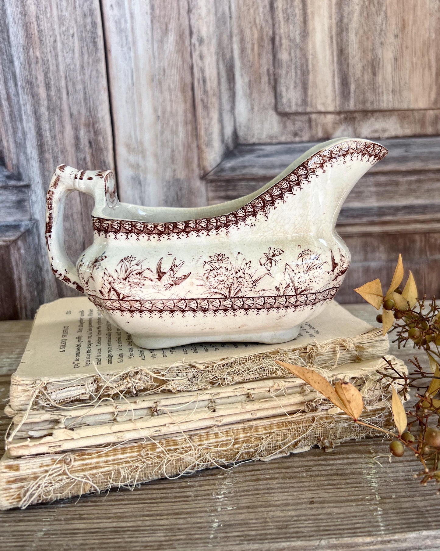 Antique Ironstone GRAVY Boat Pitcher BROWN Transferware Birds England Farmhouse Decor English Ironstone Crazed Stained