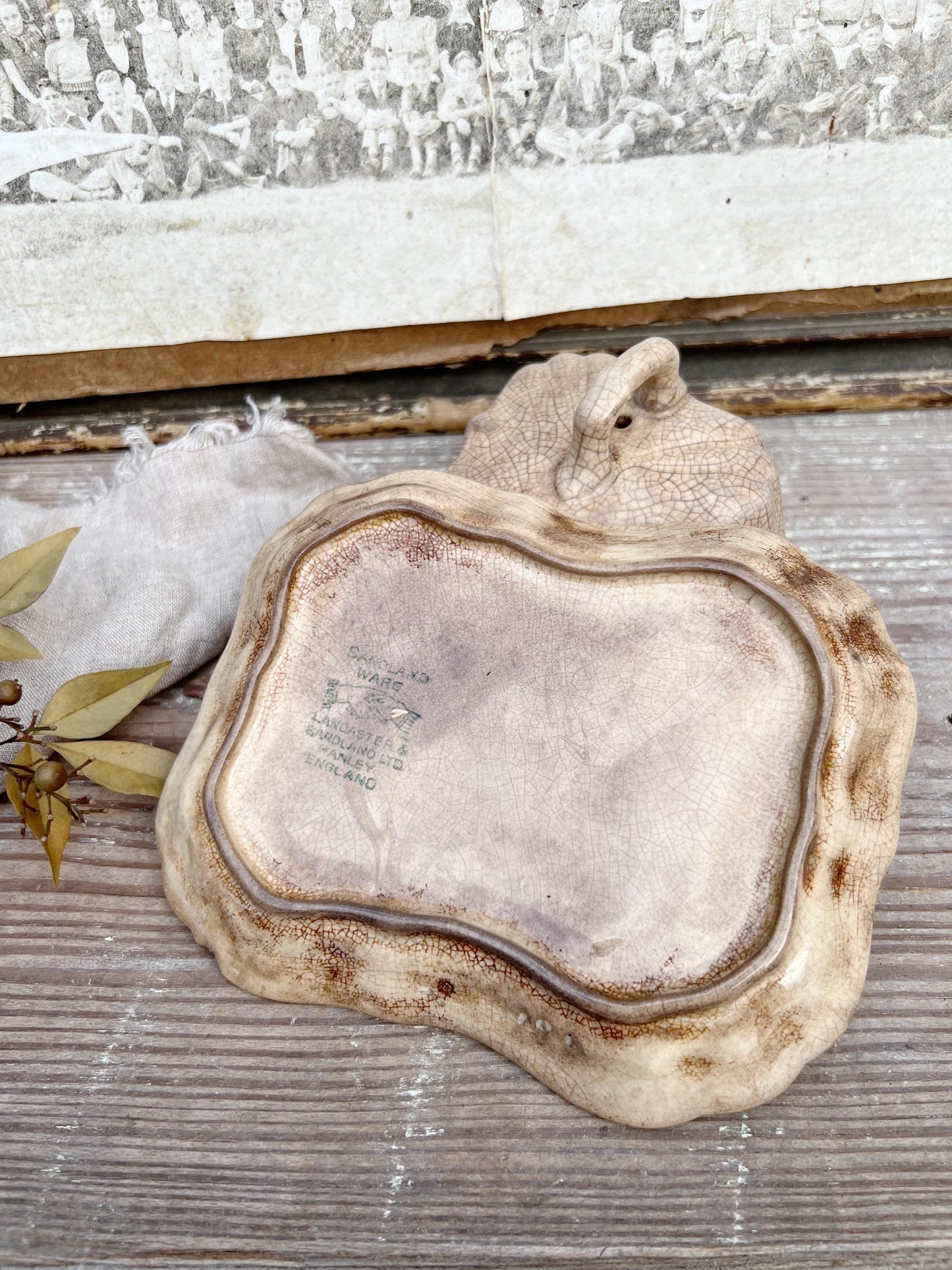 Antique White Ironstone Cheese Cover Dome Lid With Platter Stained Crazed Hanley England