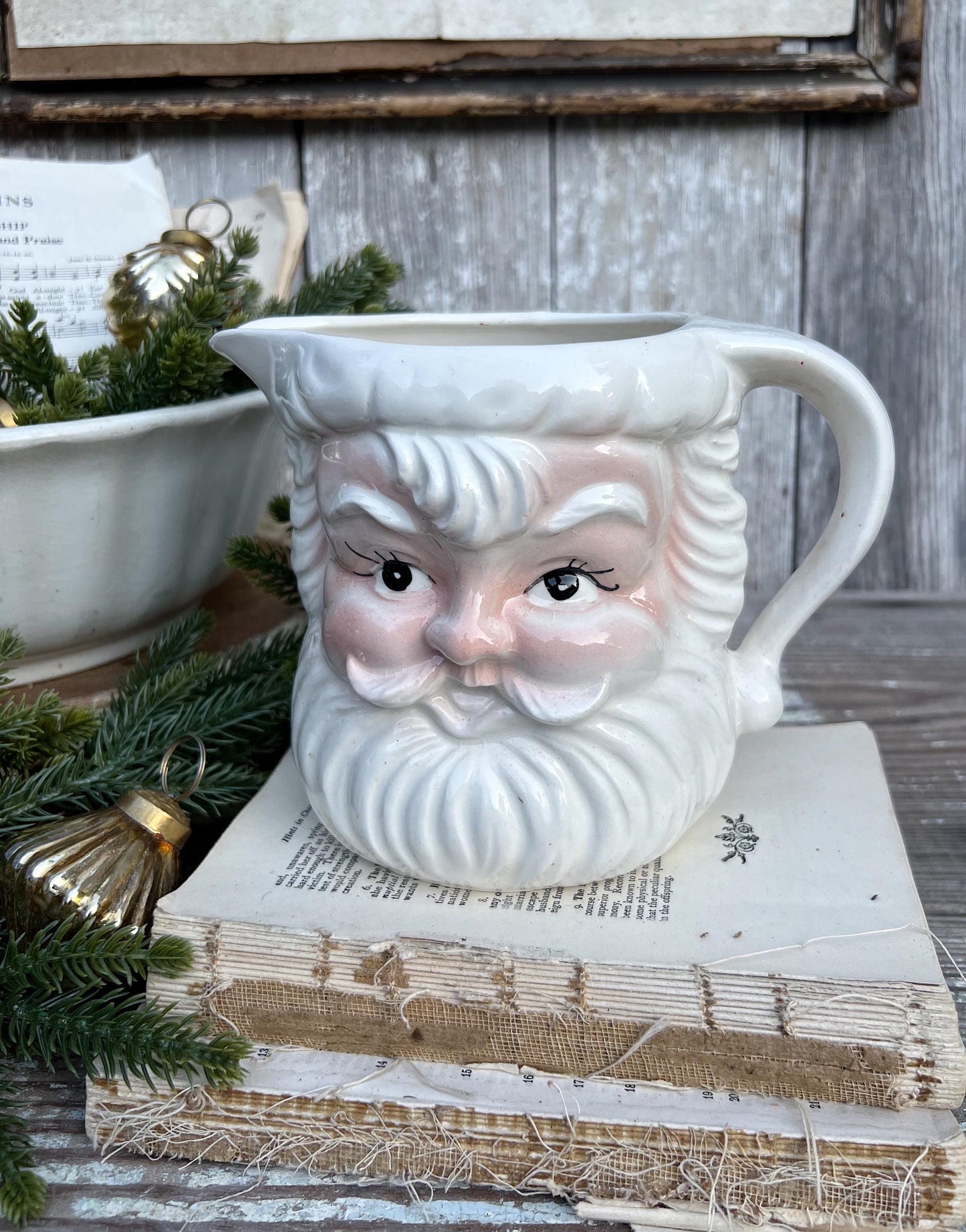Vintage Ironstone Santa Claus PITCHER Tilso Japan White Christmas Decor Painted