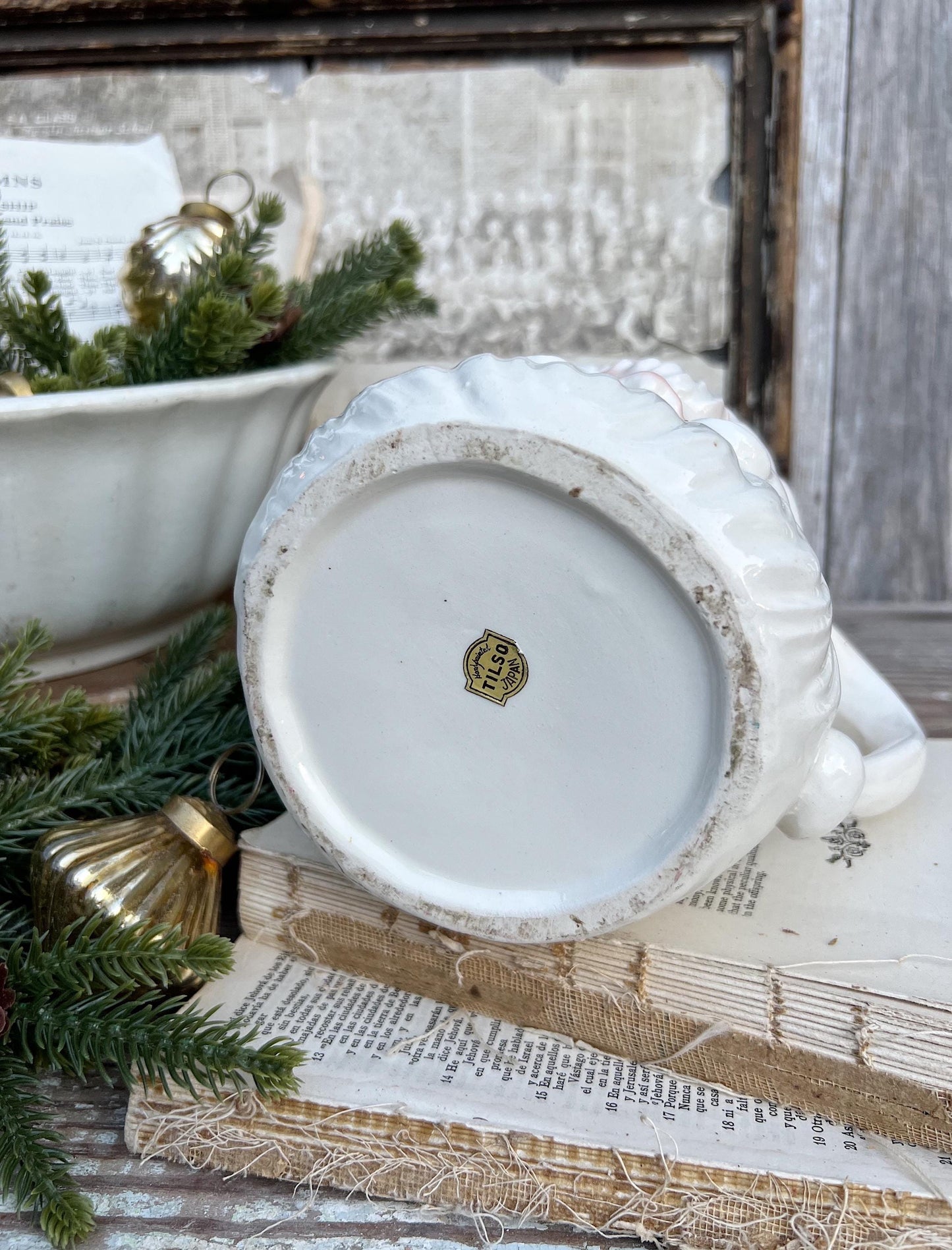 Vintage Ironstone Santa Claus PITCHER Tilso Japan White Christmas Decor Painted