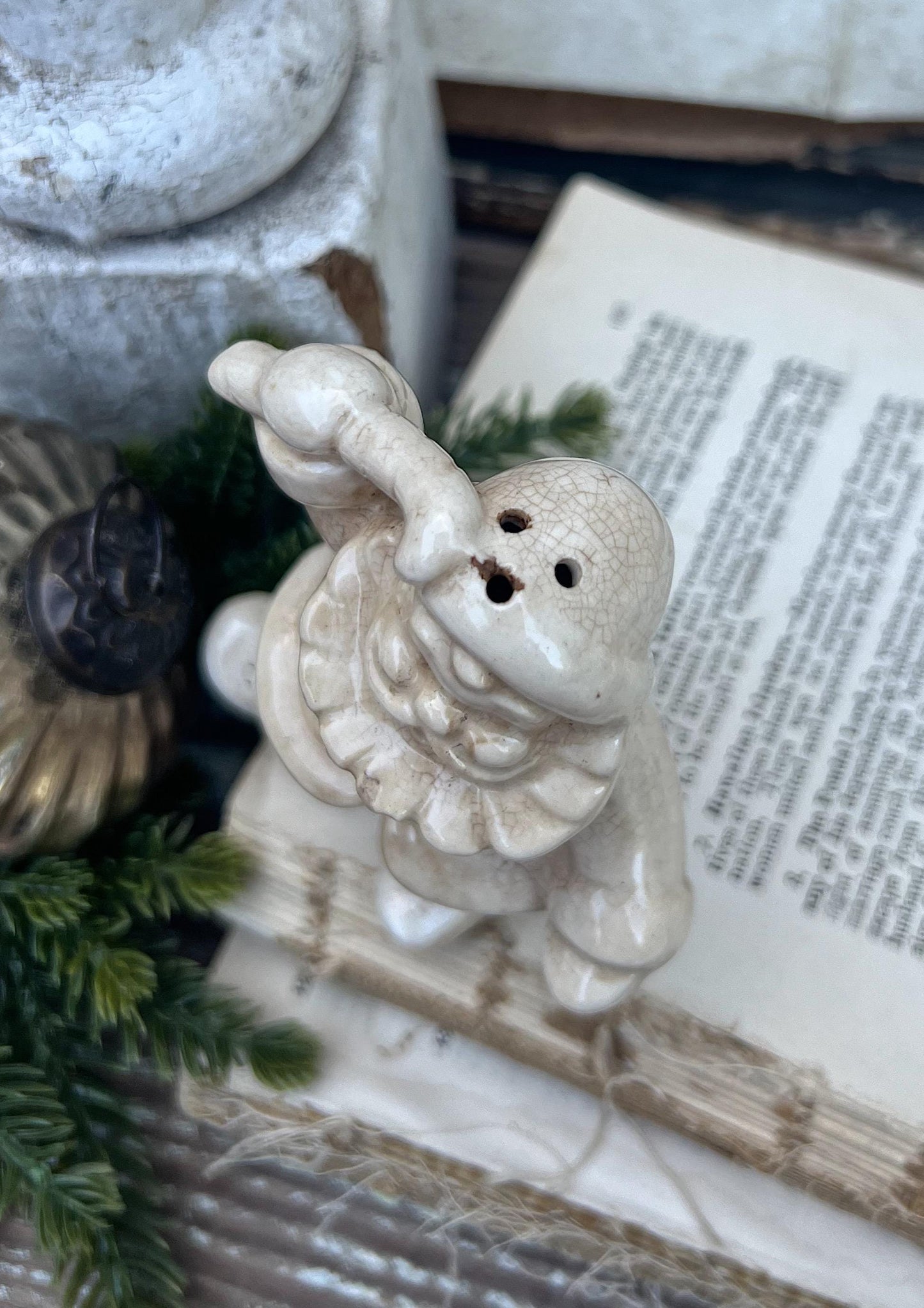 Vintage Ironstone Santa Claus with Candy Cane Salt Shaker Creamy WHITE Farmhouse Christmas Decor Stained Crazing