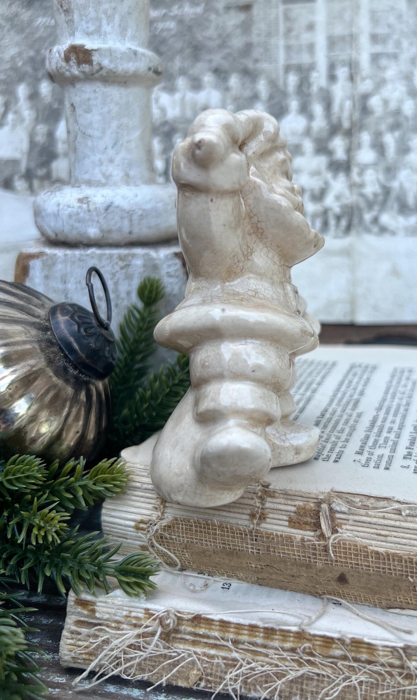 Vintage Ironstone Santa Claus with Candy Cane Salt Shaker Creamy WHITE Farmhouse Christmas Decor Stained Crazing