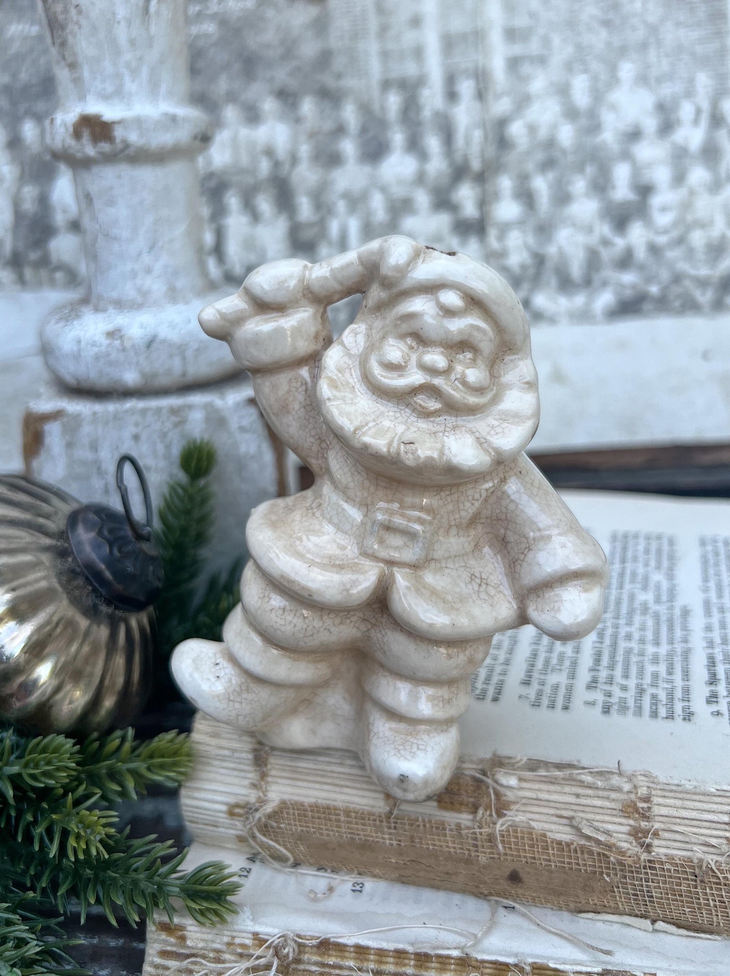 Vintage Ironstone Santa Claus with Candy Cane Salt Shaker Creamy WHITE Farmhouse Christmas Decor Stained Crazing