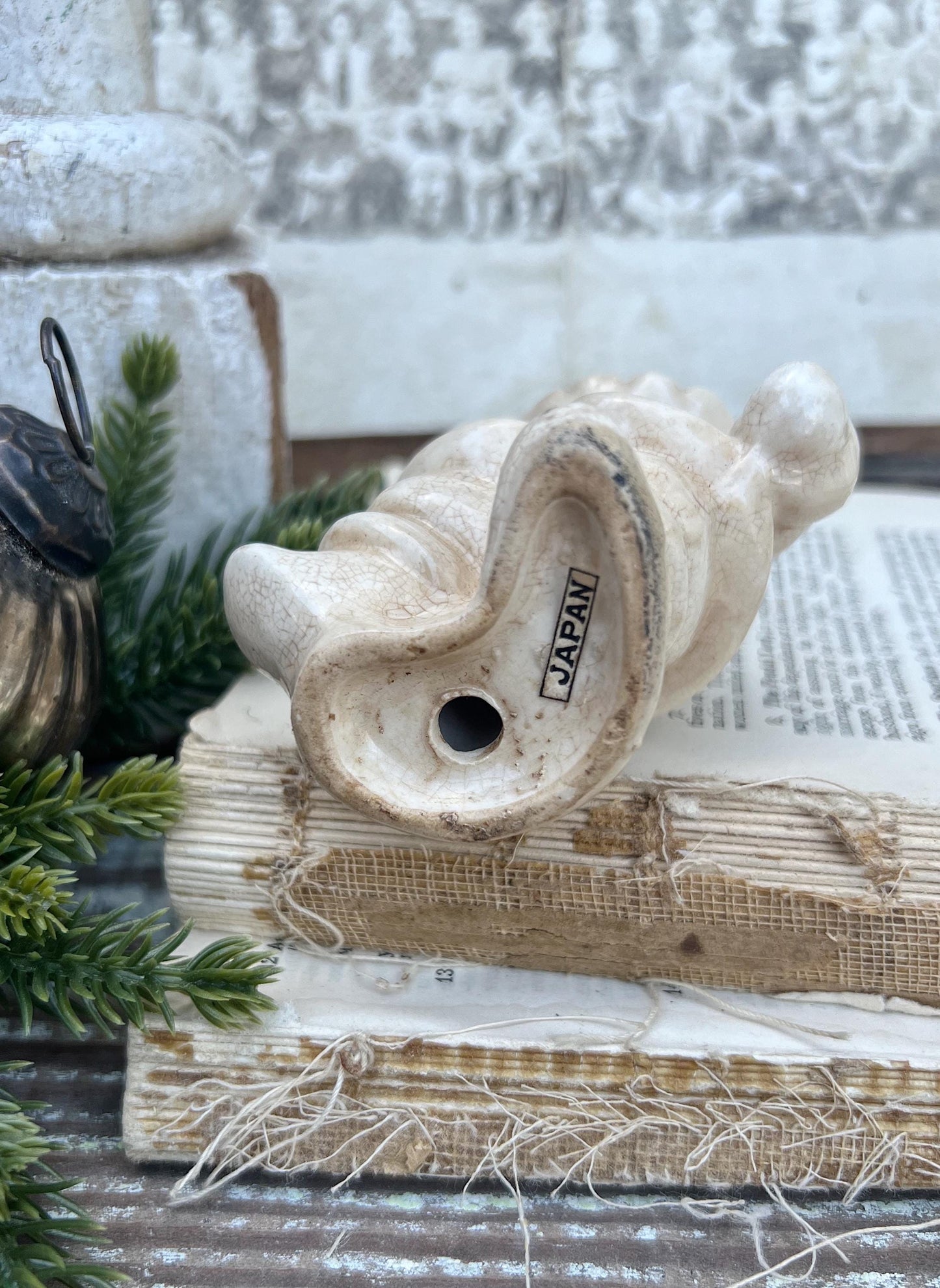 Vintage Ironstone Santa Claus with Candy Cane Salt Shaker Creamy WHITE Farmhouse Christmas Decor Stained Crazing