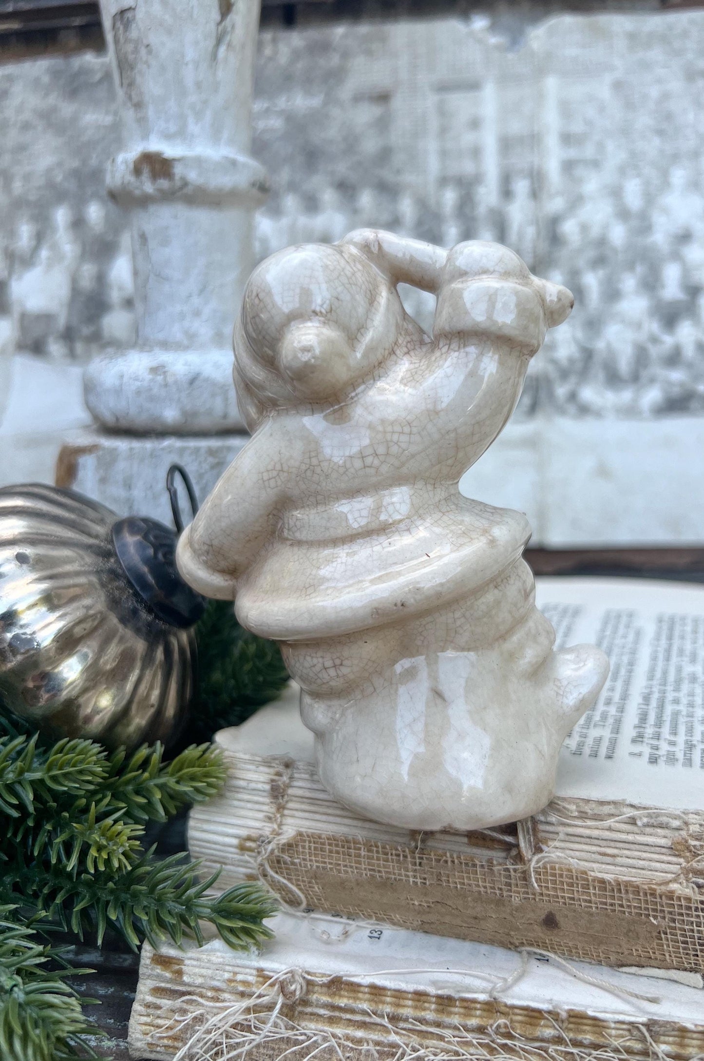 Vintage Ironstone Santa Claus with Candy Cane Salt Shaker Creamy WHITE Farmhouse Christmas Decor Stained Crazing