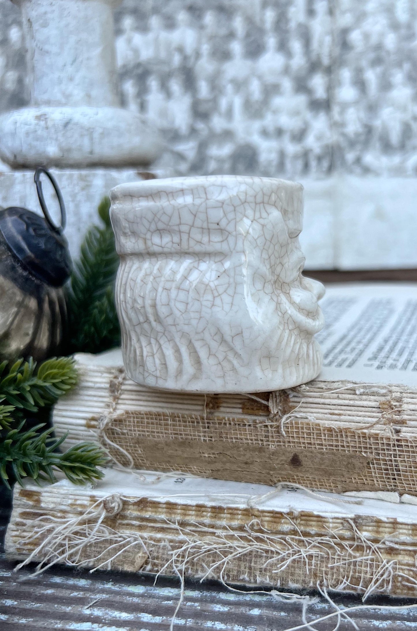 Vintage Ironstone Santa Claus Cup Mini Mug Santa Crazed Stained WHITE Farmhouse Christmas Decor JAPAN