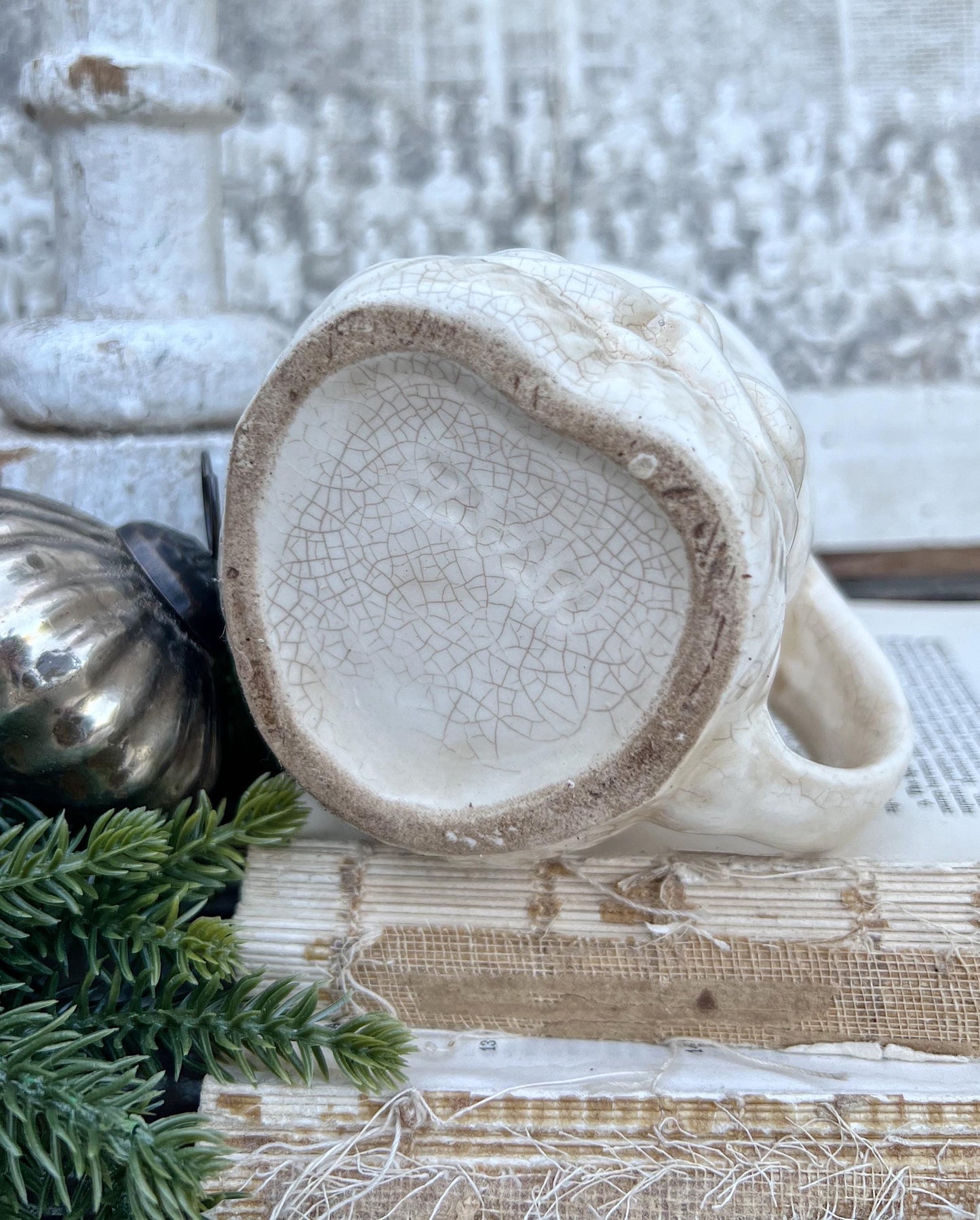 Vintage Ironstone Santa Claus Cup Mug FULL SIZE Creamy White Santa Farmhouse Christmas Decor RARE Japan Crazing Grungy Crazed