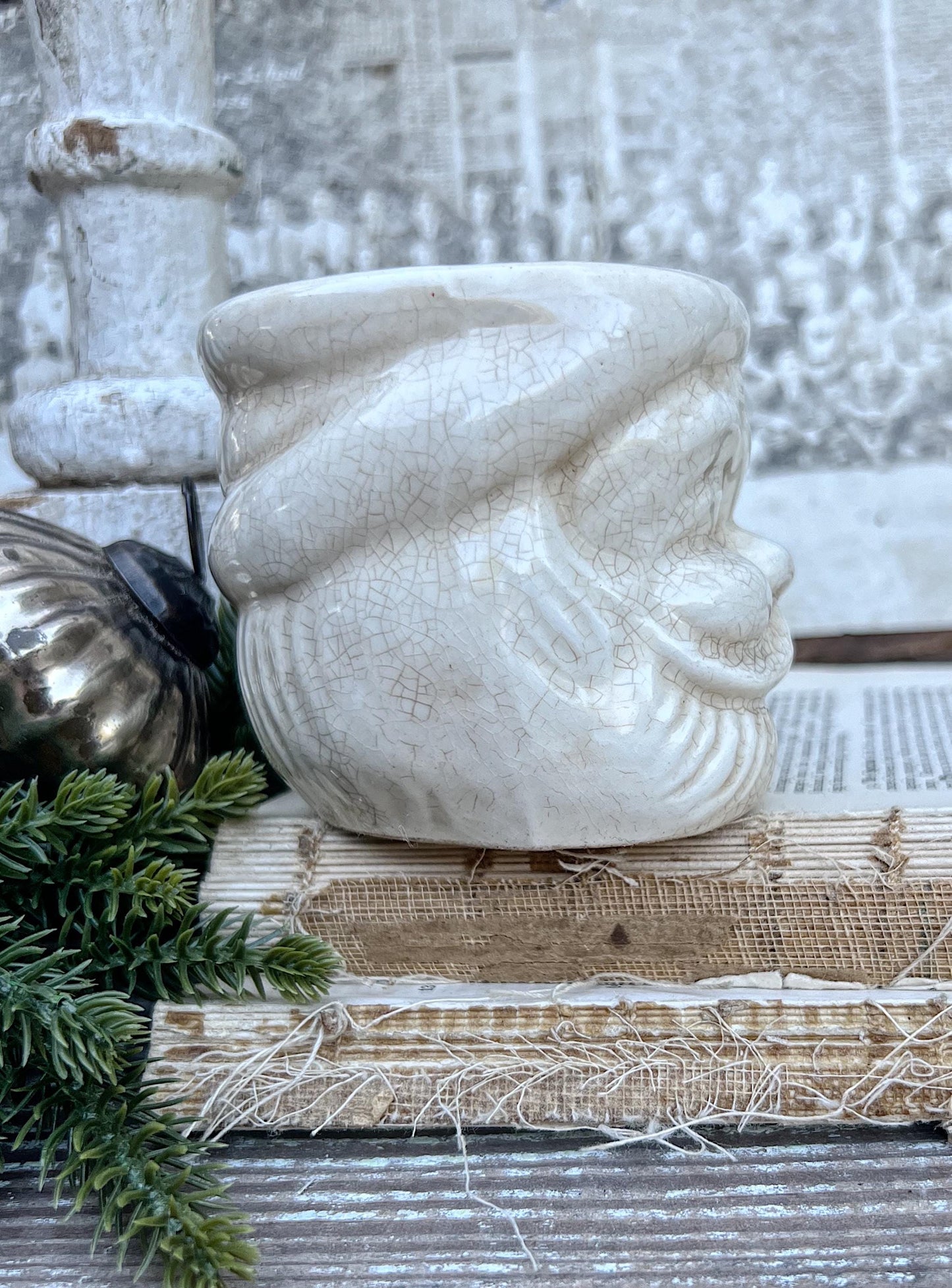 Vintage Ironstone Santa Claus Cup Mug FULL SIZE Creamy White Santa Farmhouse Christmas Decor RARE Japan Crazing Grungy Crazed