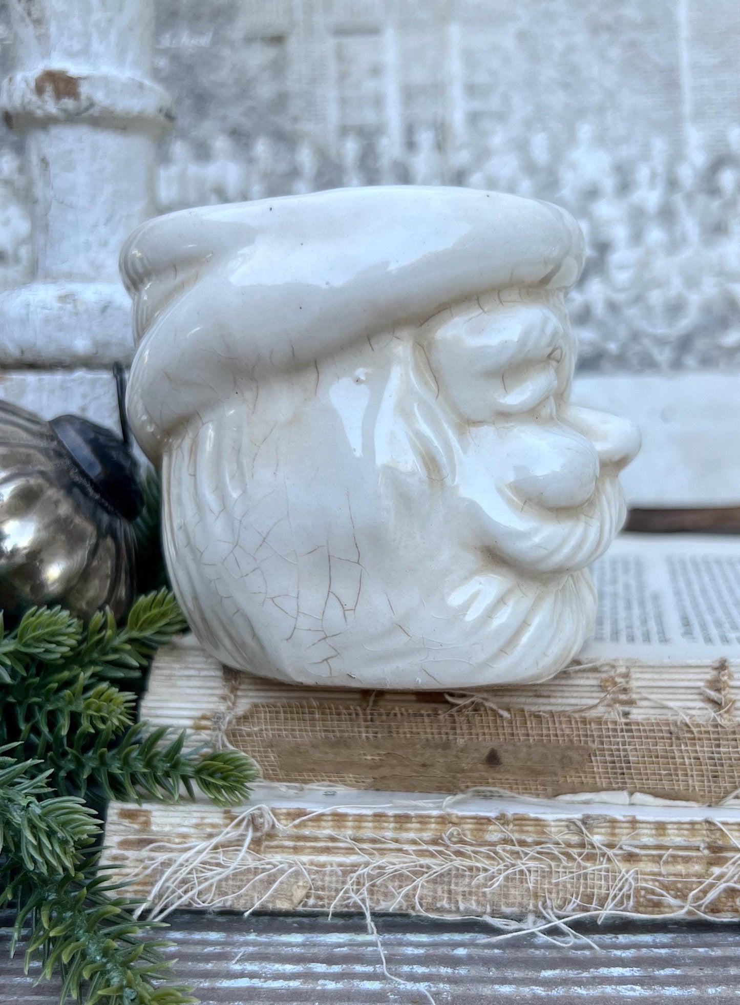 Vintage Ironstone Santa Claus Cup Mug FULL SIZE Creamy White Santa Farmhouse Christmas Decor RARE Japan Crazing Grungy Crazed