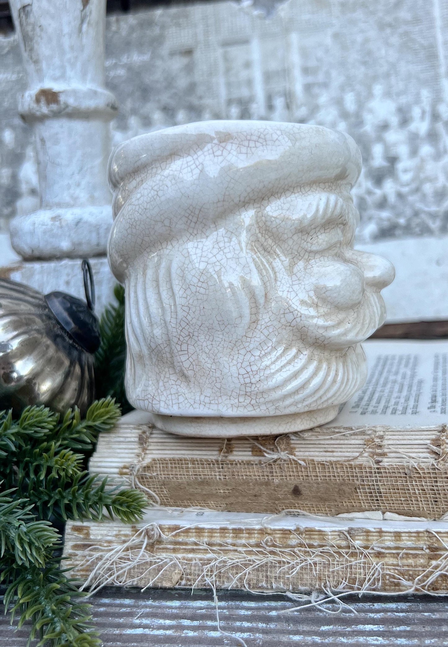 Vintage Ironstone Santa Claus Cup Mug FULL SIZE Creamy WHITE Santa Farmhouse Decor Stacking Footed Stackable Crazing Grungy Japan
