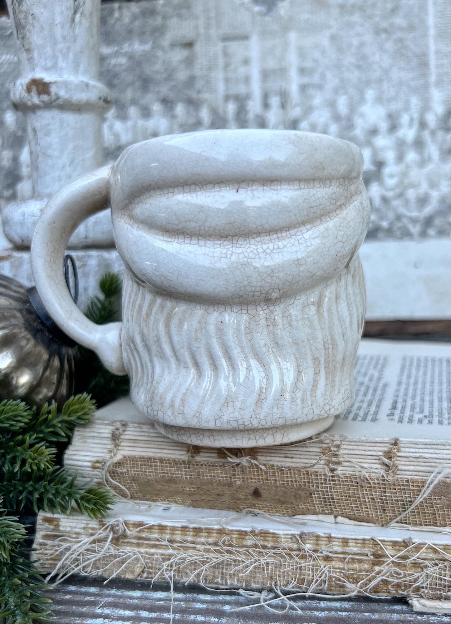 Vintage Ironstone Santa Claus Cup Mug FULL SIZE Creamy WHITE Santa Farmhouse Decor Stacking Footed Stackable Crazing Grungy Japan