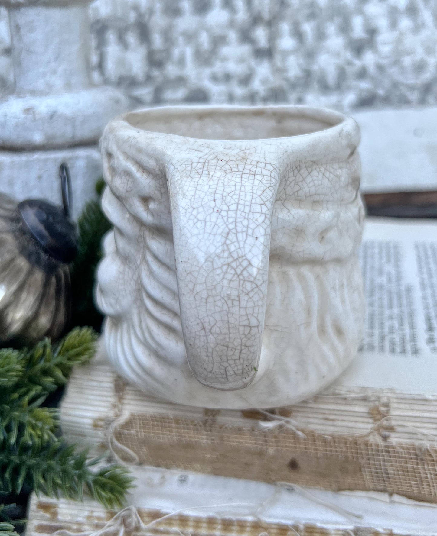 Vintage Ironstone Santa Claus Cup Mug FULL SIZE Creamy White Santa Farmhouse Christmas Decor RARE Japan Crazing Grungy Crazed