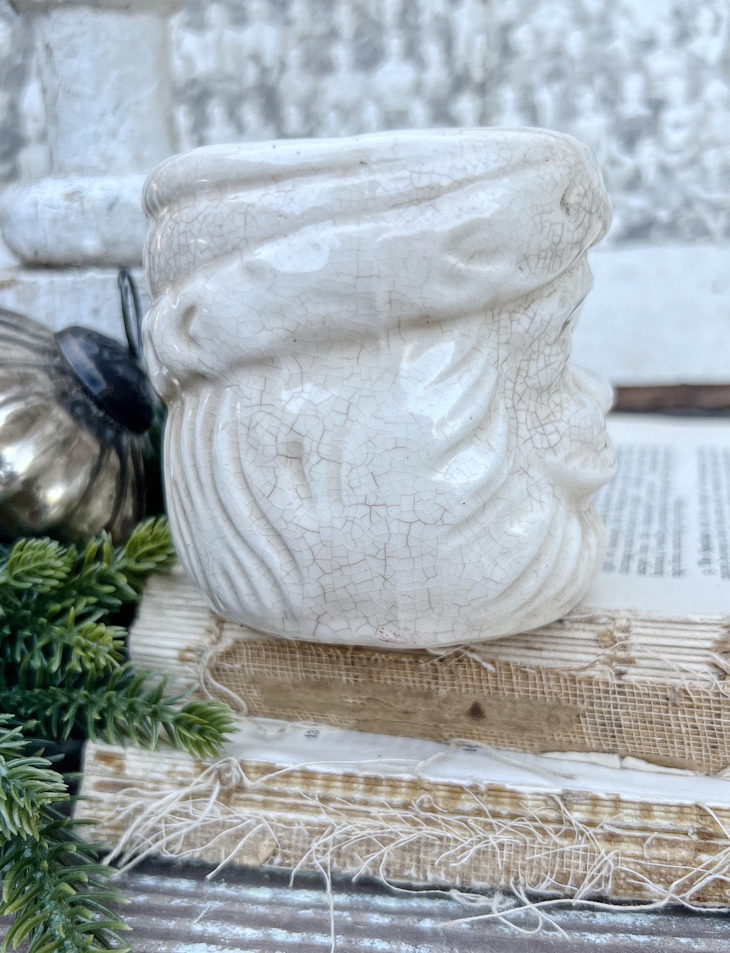 Vintage Ironstone Santa Claus Cup Mug FULL SIZE Creamy White Santa Farmhouse Christmas Decor RARE Japan Crazing Grungy Crazed