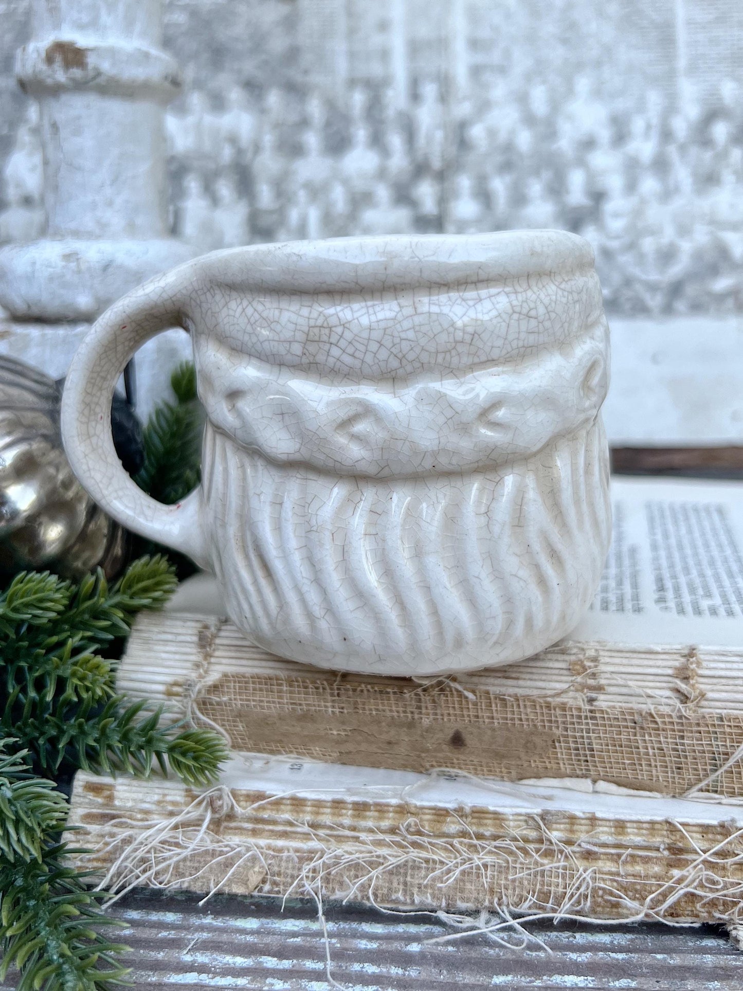 Vintage Ironstone Santa Claus Cup Mug FULL SIZE Creamy White Santa Farmhouse Christmas Decor RARE Japan Crazing Grungy Crazed