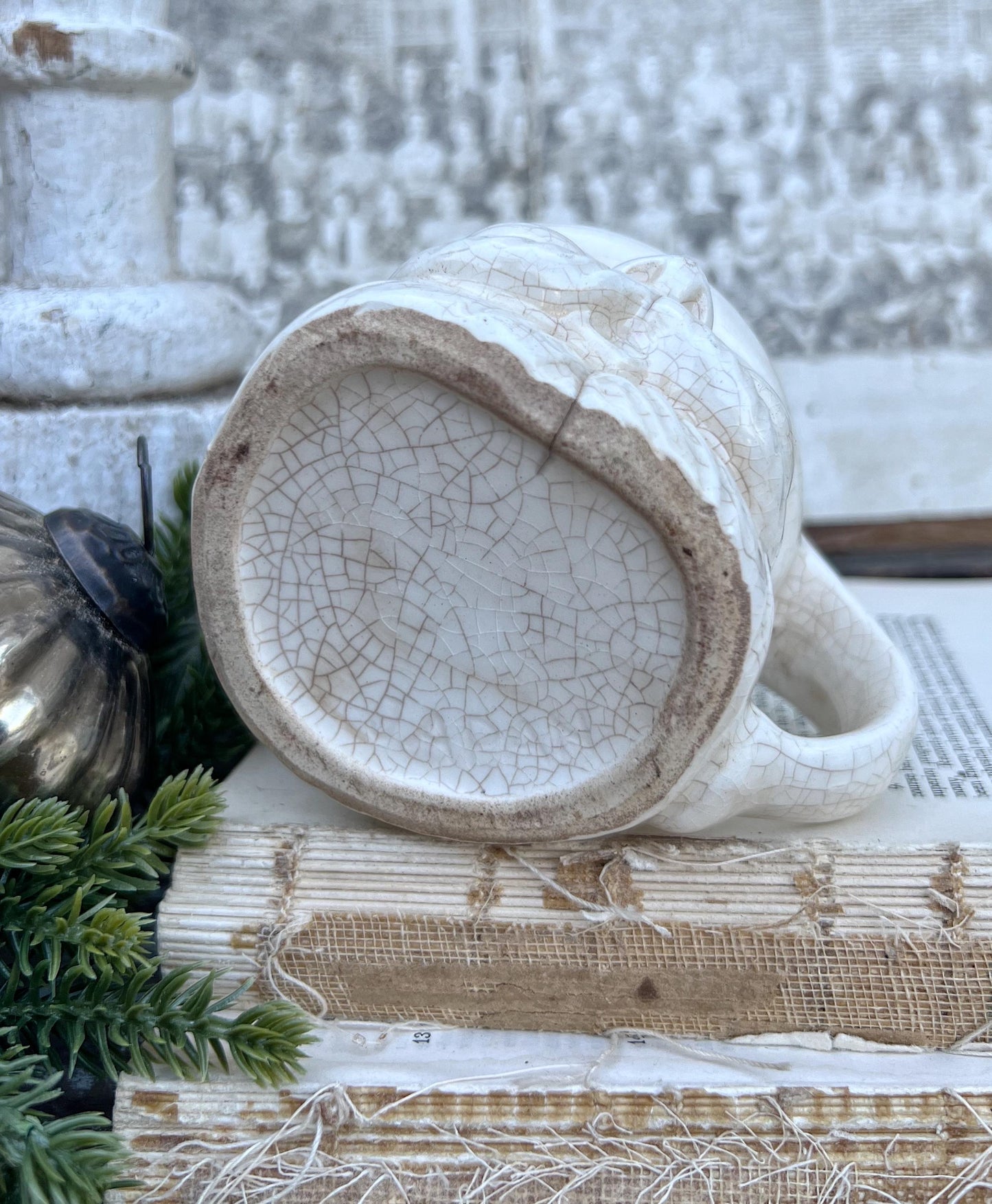 Vintage Ironstone Santa Claus Cup Mug FULL SIZE Creamy White Santa Farmhouse Christmas Decor RARE Japan Crazing Grungy Crazed