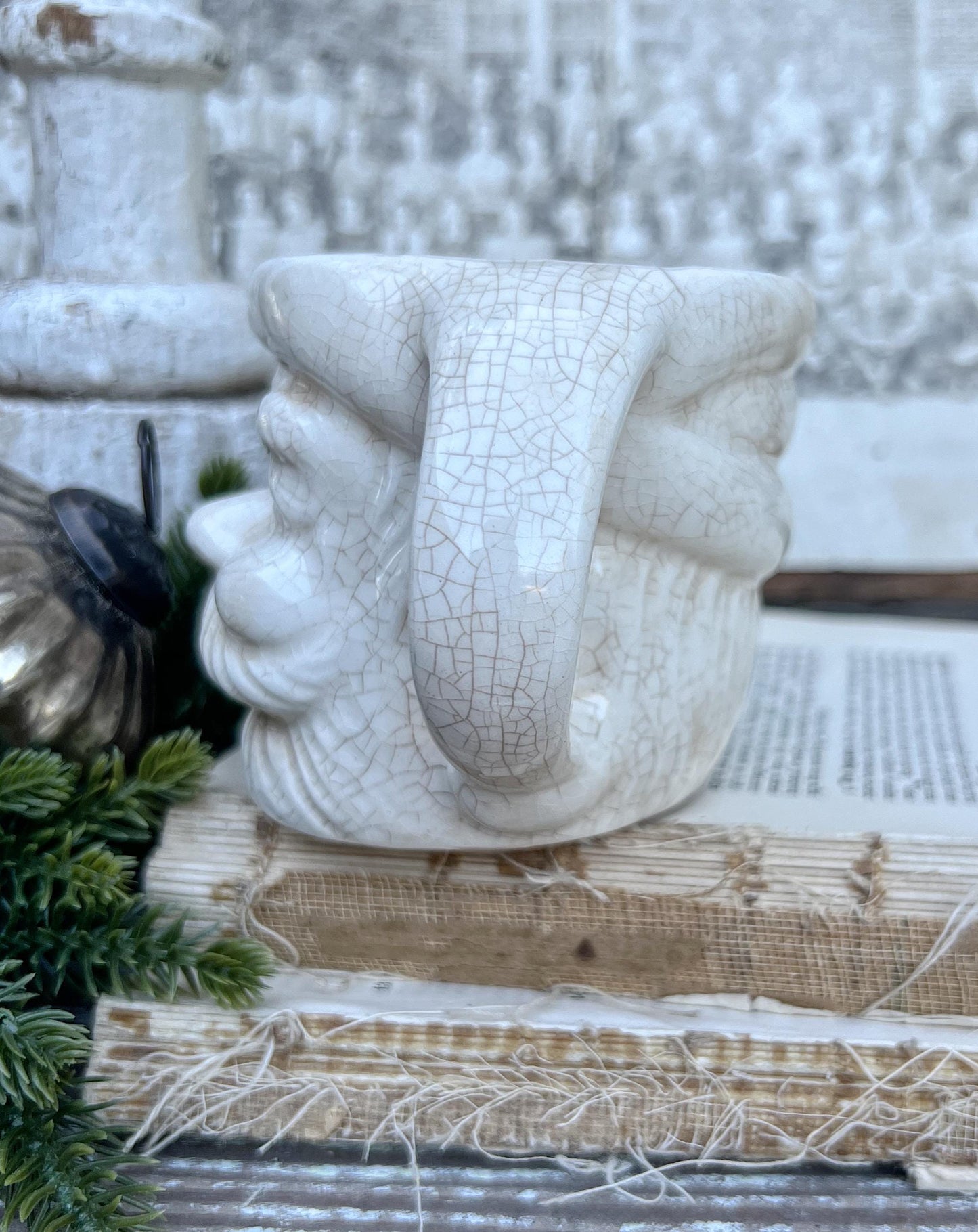 Vintage Ironstone Santa Claus Cup Mug FULL SIZE Creamy White Santa Farmhouse Christmas Decor RARE Japan Crazing Grungy Crazed