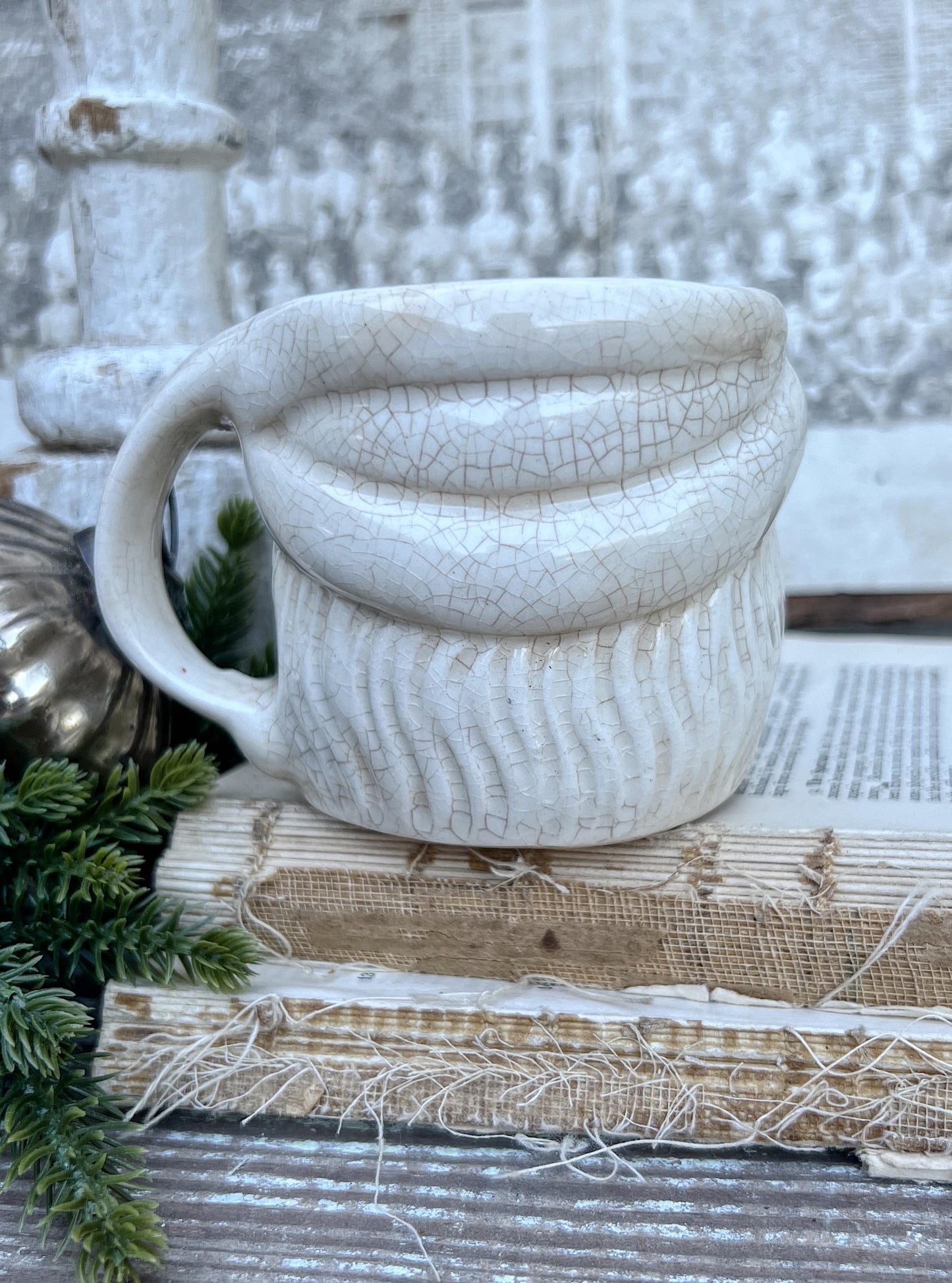 Vintage Ironstone Santa Claus Cup Mug FULL SIZE Creamy White Santa Farmhouse Christmas Decor RARE Japan Crazing Grungy Crazed