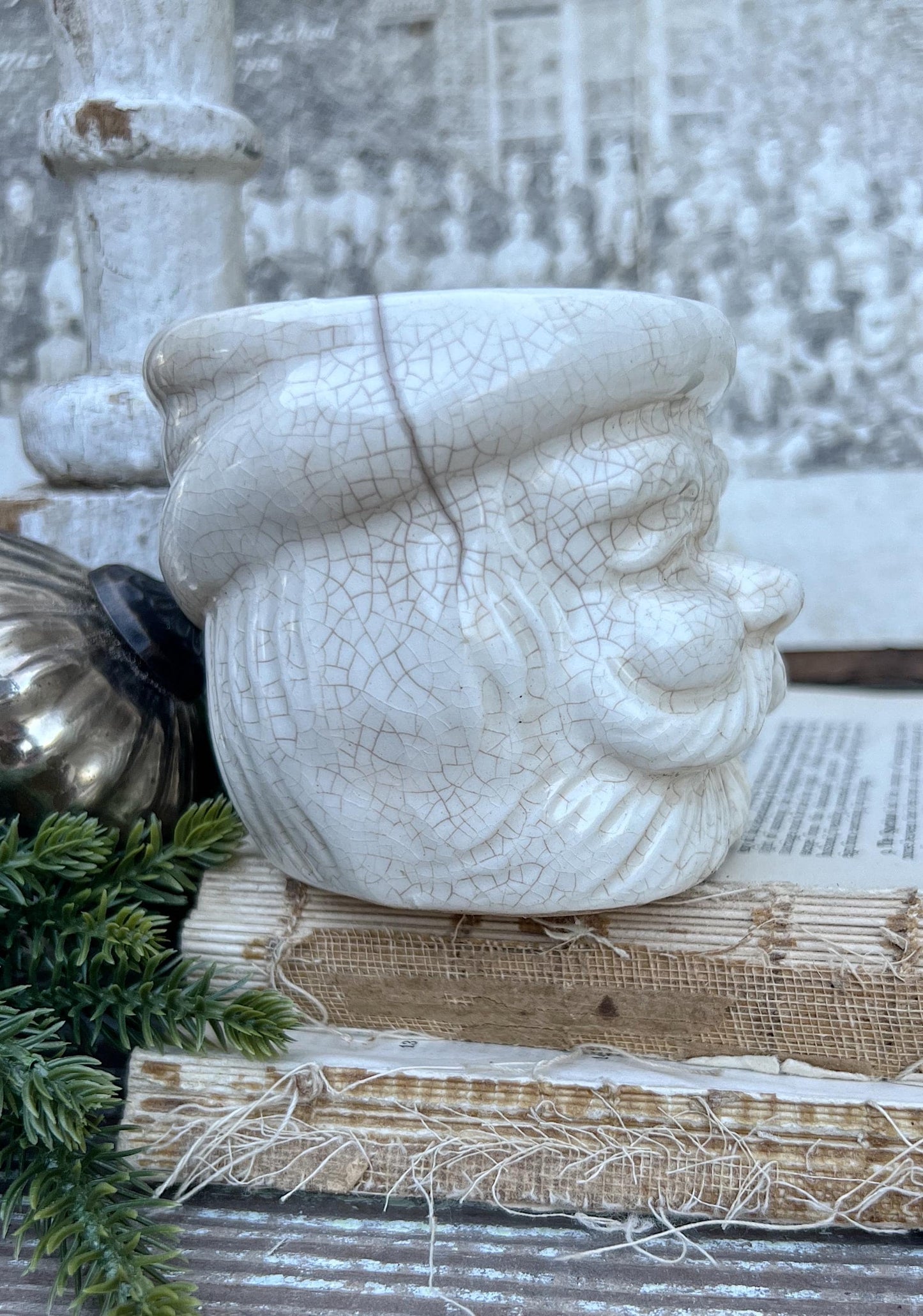 Vintage Ironstone Santa Claus Cup Mug FULL SIZE Creamy White Santa Farmhouse Christmas Decor RARE Japan Crazing Grungy Crazed