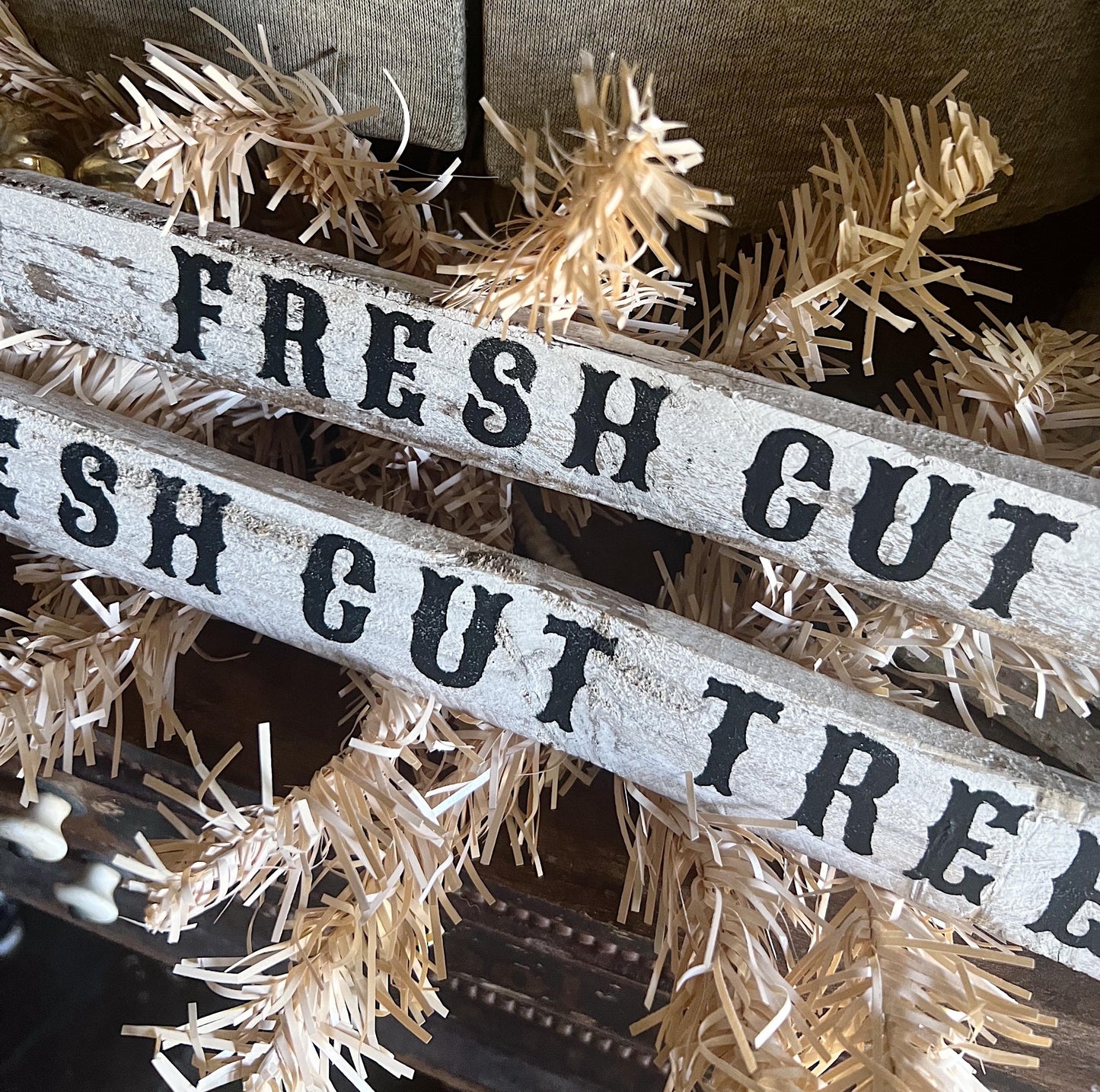 FRESH CUT TREES Arrow Sign Christmas Fall Vintage Salvage Barn Wood Reclaimed White Chippy Paint Farmhouse Decor Architectural Black White