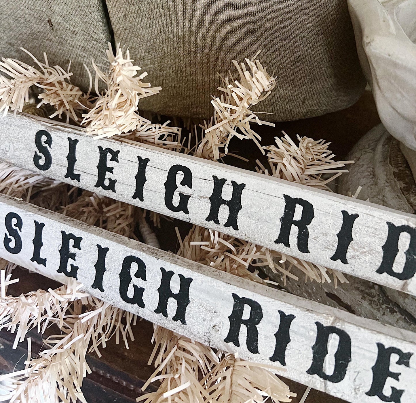SLEIGH RIDES Arrow Sign CHRISTMAS Winter Vintage Salvage Barn Wood Reclaimed White Chippy Paint Farmhouse Decor Architectural Black White