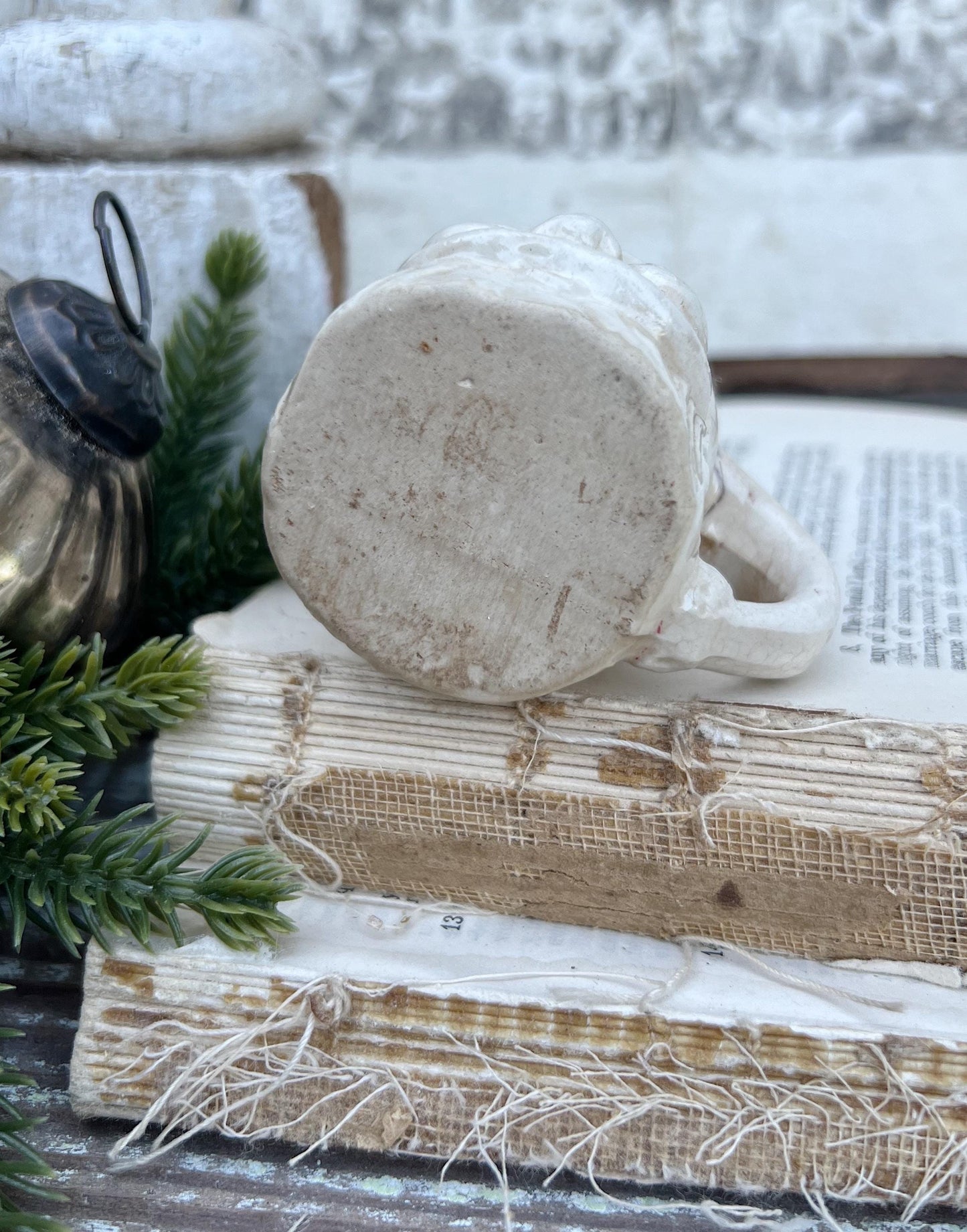 Vintage Ironstone Santa Claus Cup Mini Mug Santa Crazed Stained CREAMY WHITE Farmhouse Christmas Decor