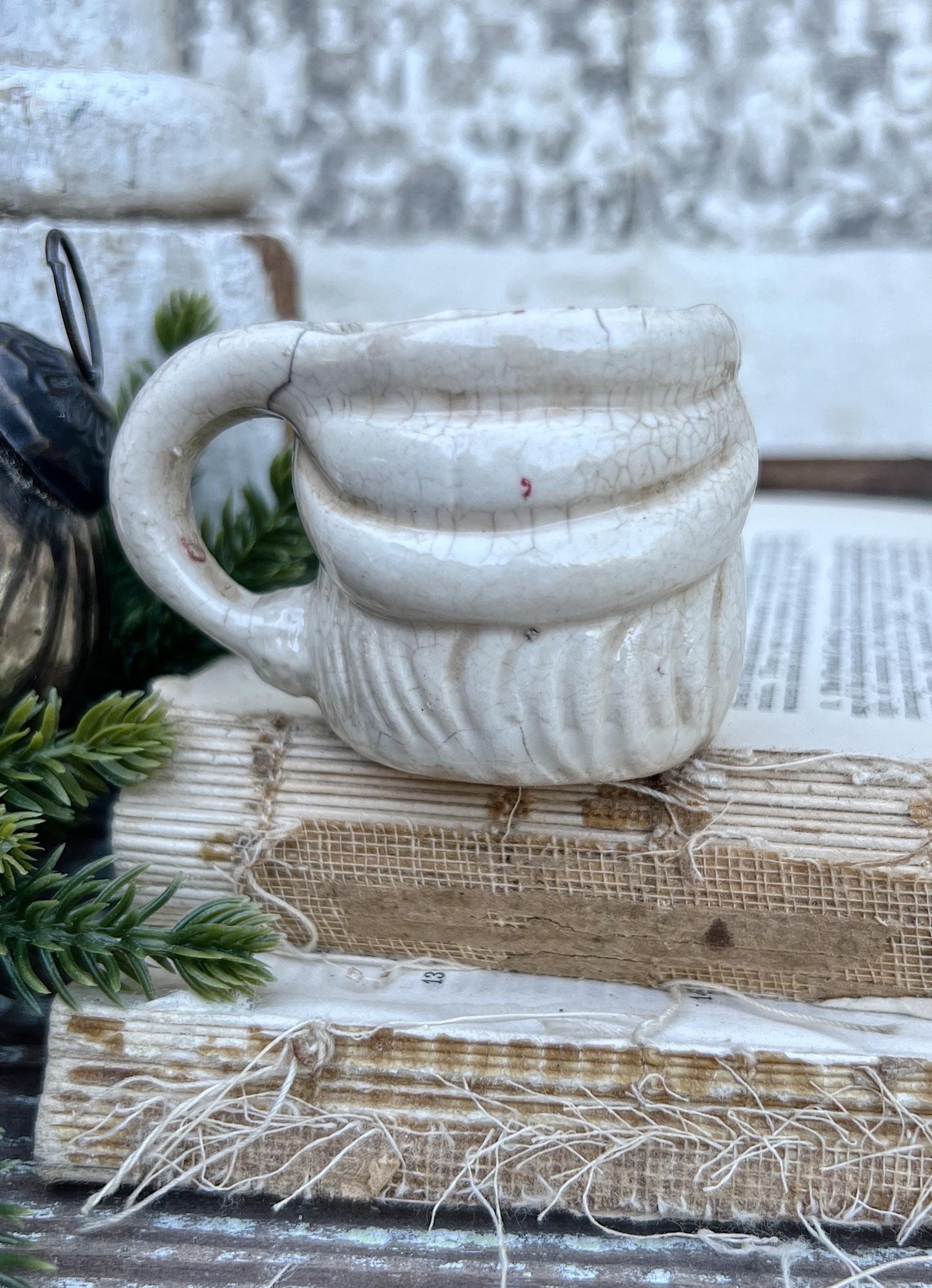 Vintage Ironstone Santa Claus Cup Mini Mug Santa Crazed Stained CREAMY WHITE Farmhouse Christmas Decor