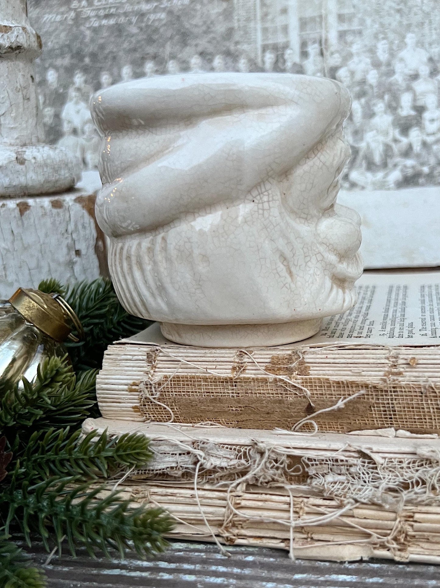 Vintage Ironstone Santa Claus Cup Mug FULL SIZE Creamy WHITE Santa Farmhouse Decor Stacking Footed Stackable Crazing Grungy Japan