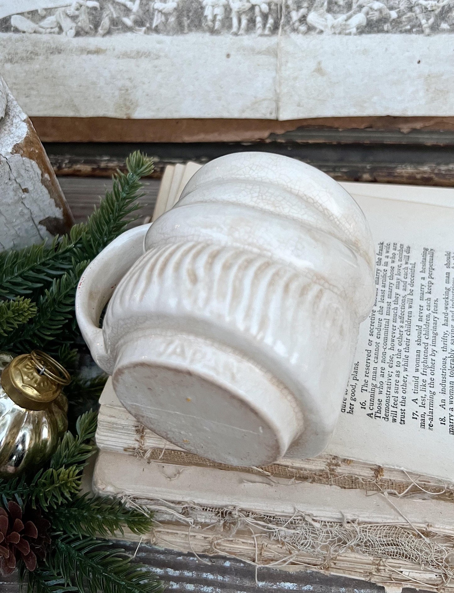 Vintage Ironstone Santa Claus Cup Mug FULL SIZE Creamy WHITE Santa Farmhouse Decor Stacking Footed Stackable Crazing Grungy Japan
