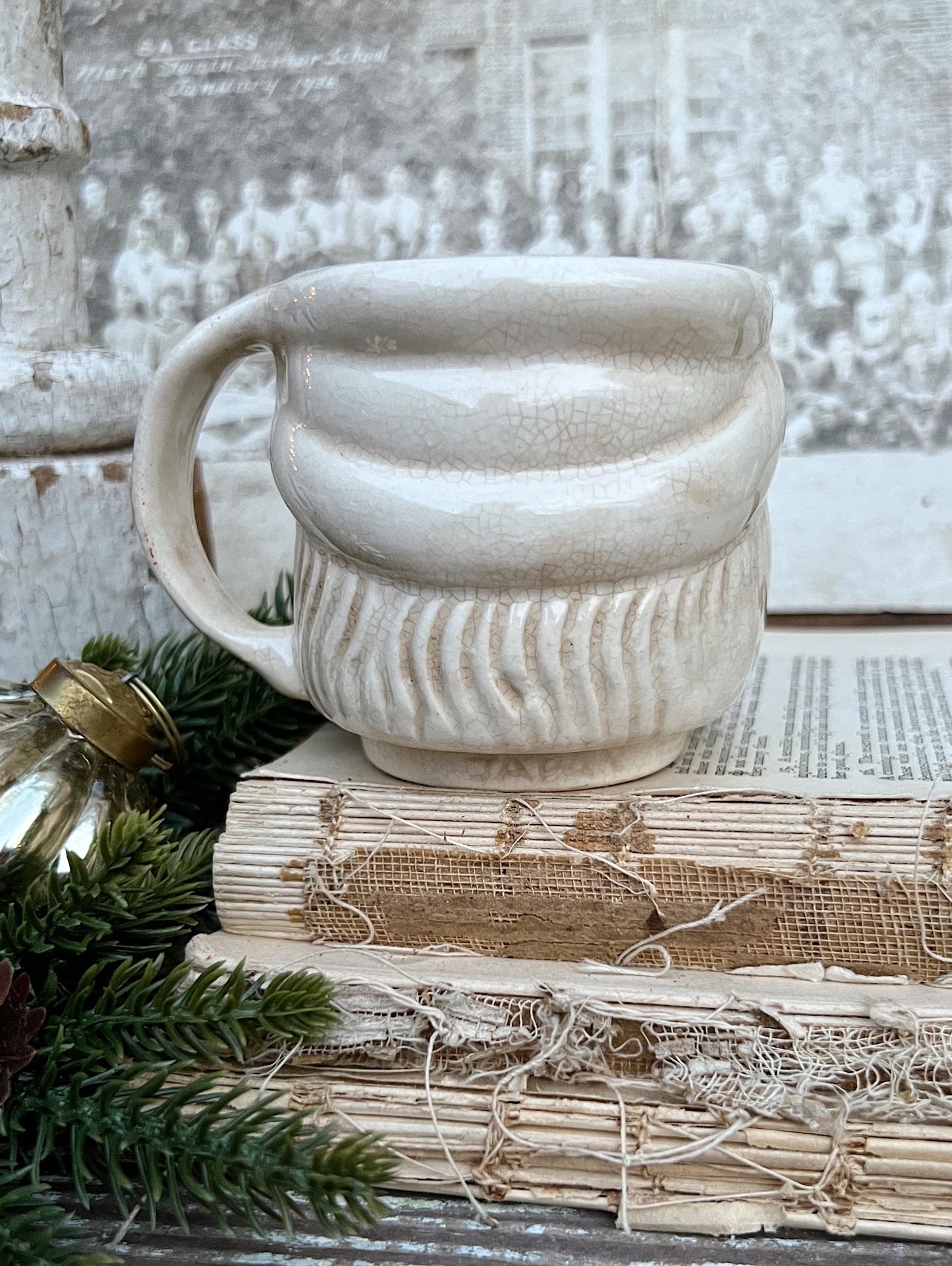 Vintage Ironstone Santa Claus Cup Mug FULL SIZE Creamy WHITE Santa Farmhouse Decor Stacking Footed Stackable Crazing Grungy Japan