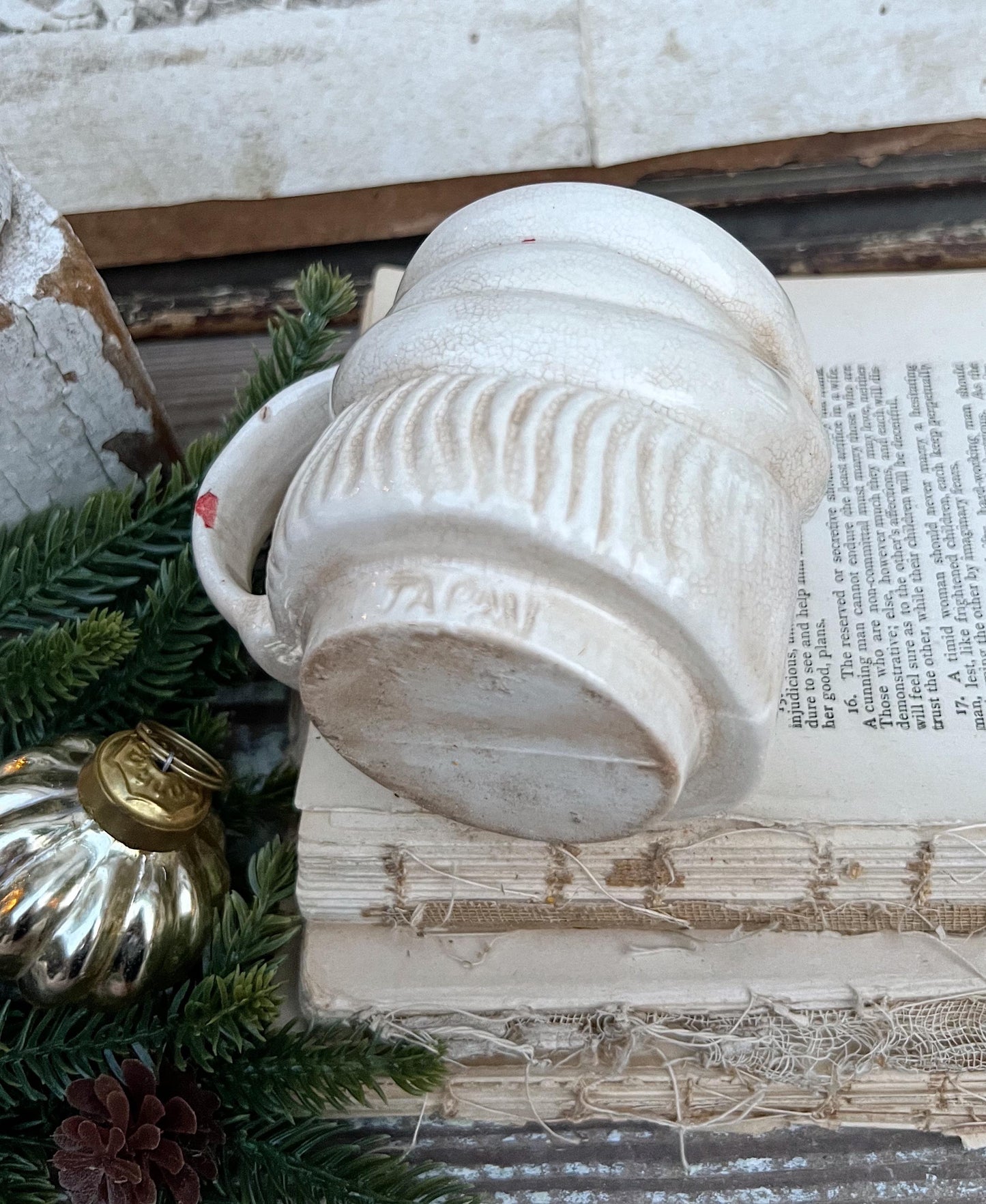 Vintage Ironstone Santa Claus Cup Mug FULL SIZE Creamy WHITE Santa Farmhouse Decor Stacking Footed Stackable Crazing Grungy Japan