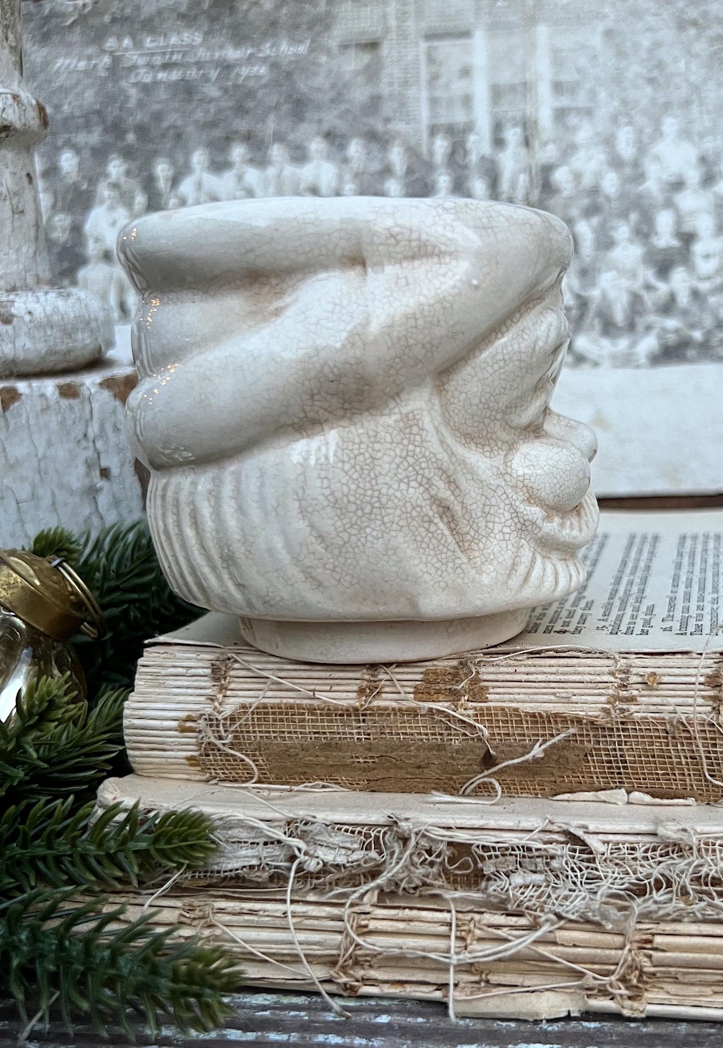 Vintage Ironstone Santa Claus Cup Mug FULL SIZE Creamy WHITE Santa Farmhouse Decor Stacking Footed Stackable Crazing Grungy Japan