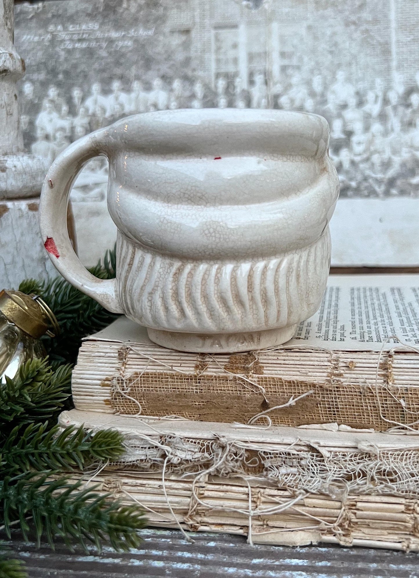 Vintage Ironstone Santa Claus Cup Mug FULL SIZE Creamy WHITE Santa Farmhouse Decor Stacking Footed Stackable Crazing Grungy Japan