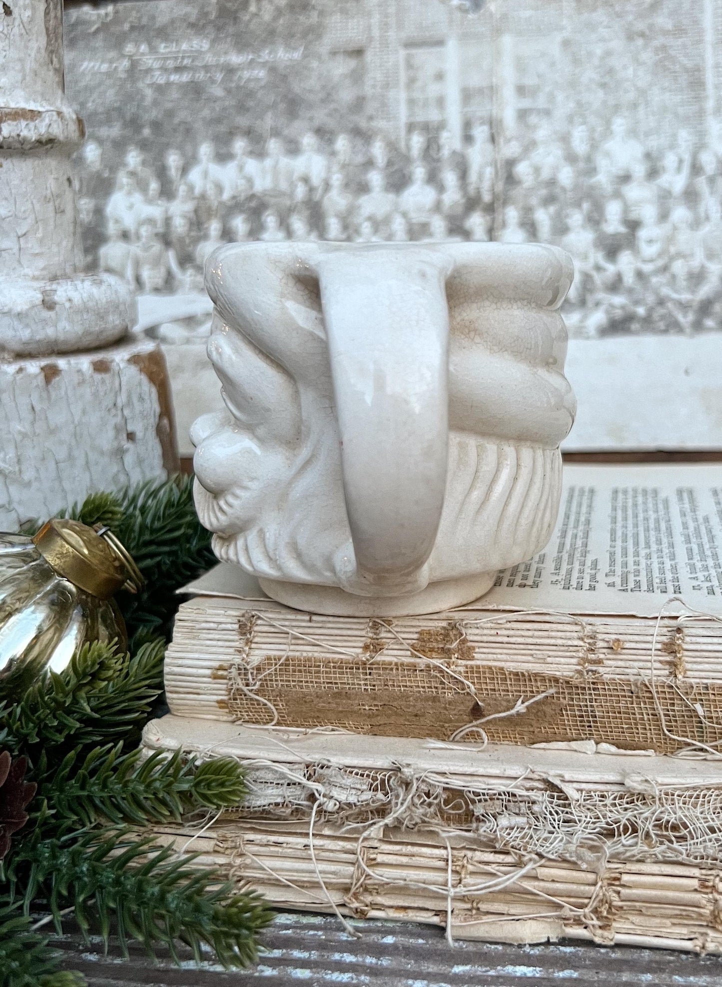 Vintage Ironstone Santa Claus Cup Mug FULL SIZE Creamy WHITE Santa Farmhouse Decor Stacking Footed Stackable Crazing Grungy Japan