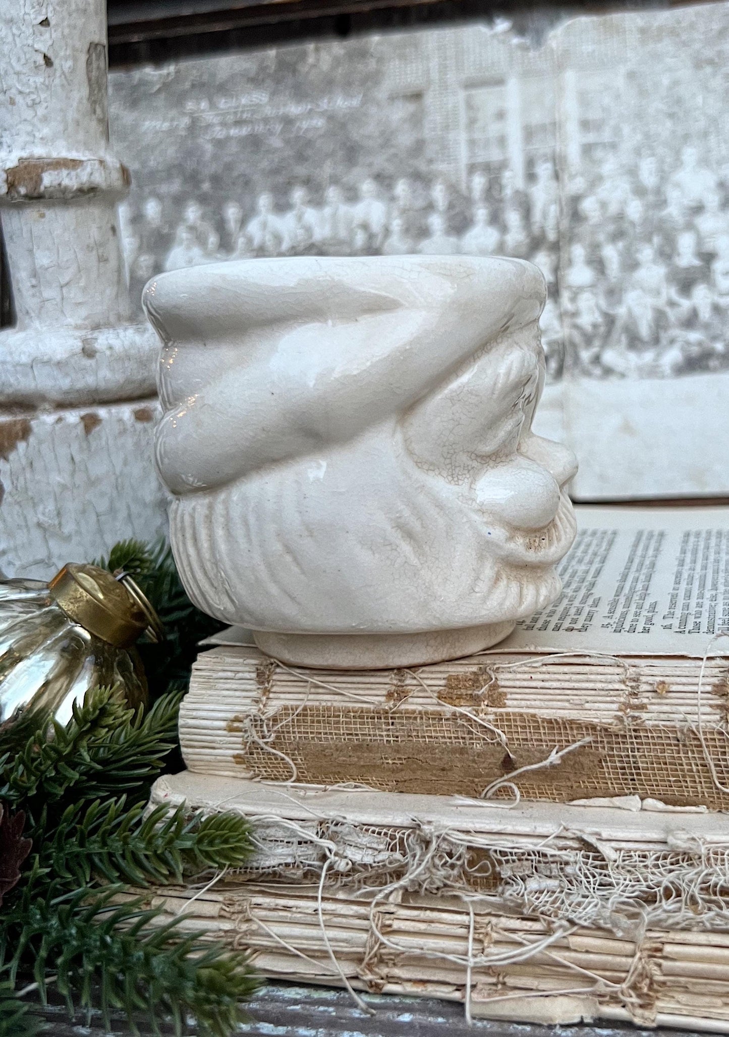 Vintage Ironstone Santa Claus Cup Mug FULL SIZE Creamy WHITE Santa Farmhouse Decor Stacking Footed Stackable Crazing Grungy Japan