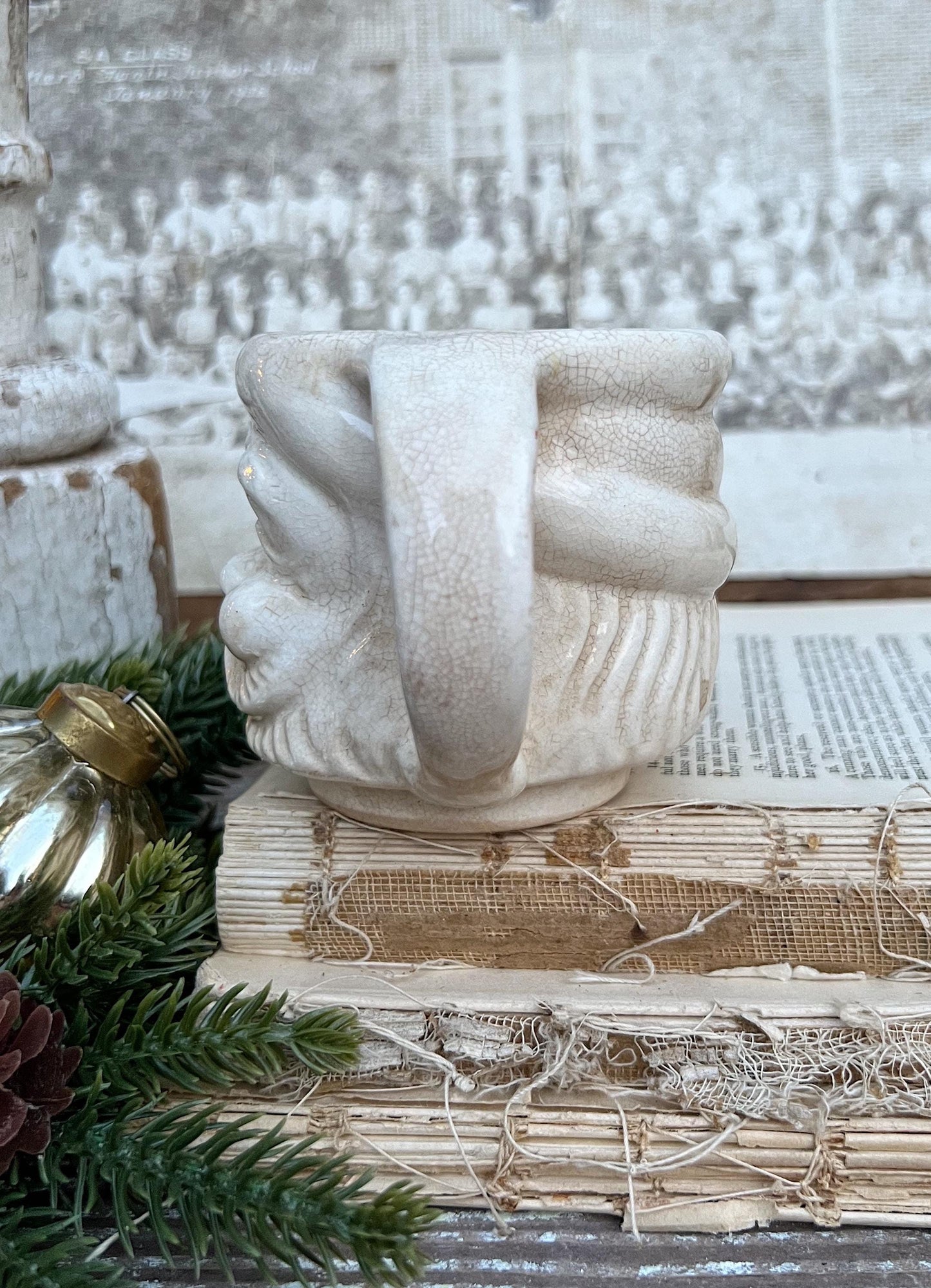 Vintage Ironstone Santa Claus Cup Mug FULL SIZE Creamy WHITE Santa Farmhouse Decor Stacking Footed Stackable Crazing Grungy Japan