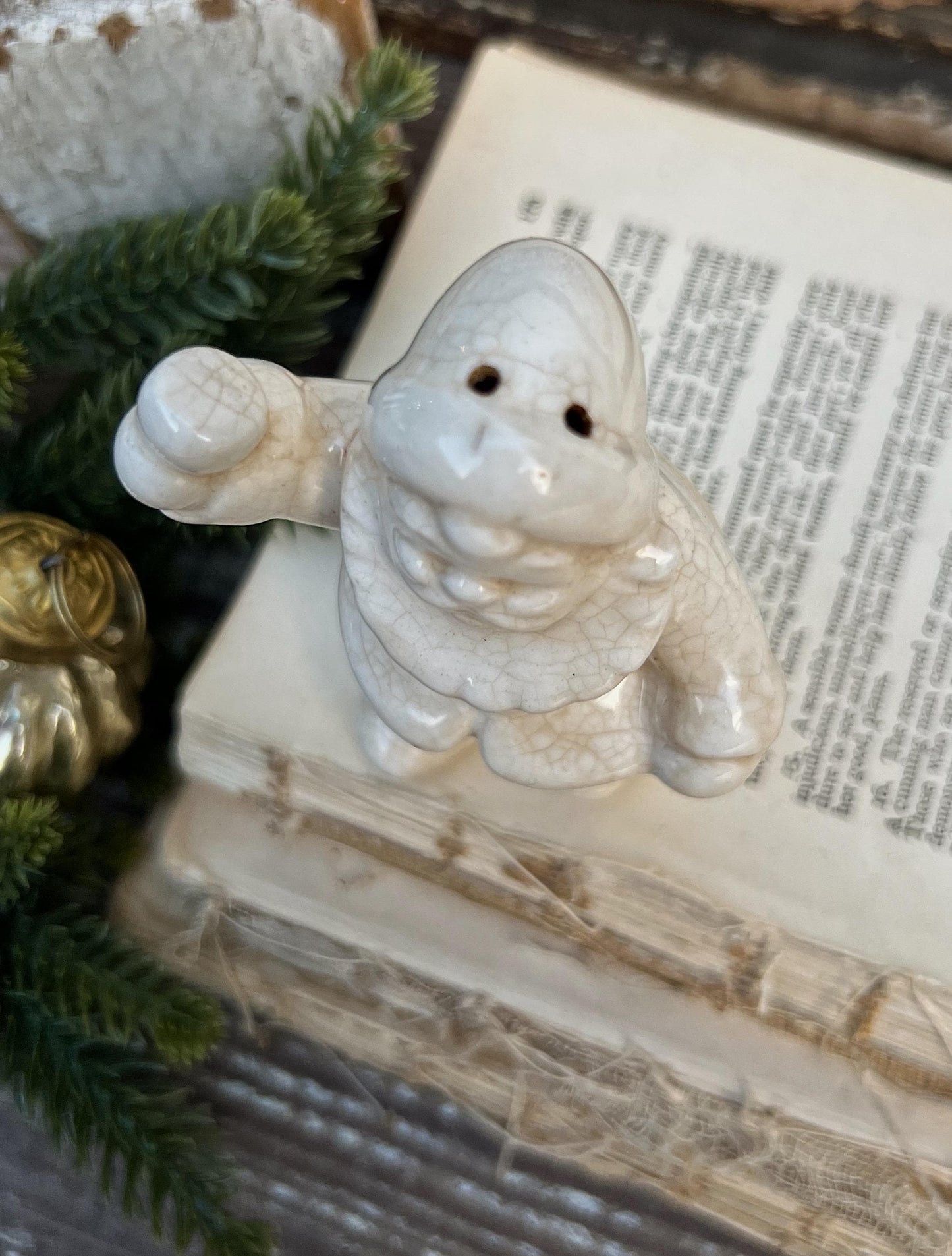 Vintage Ironstone Santa Claus Salt Shaker Creamy WHITE Farmhouse Christmas Decor Bell Stained Crazing