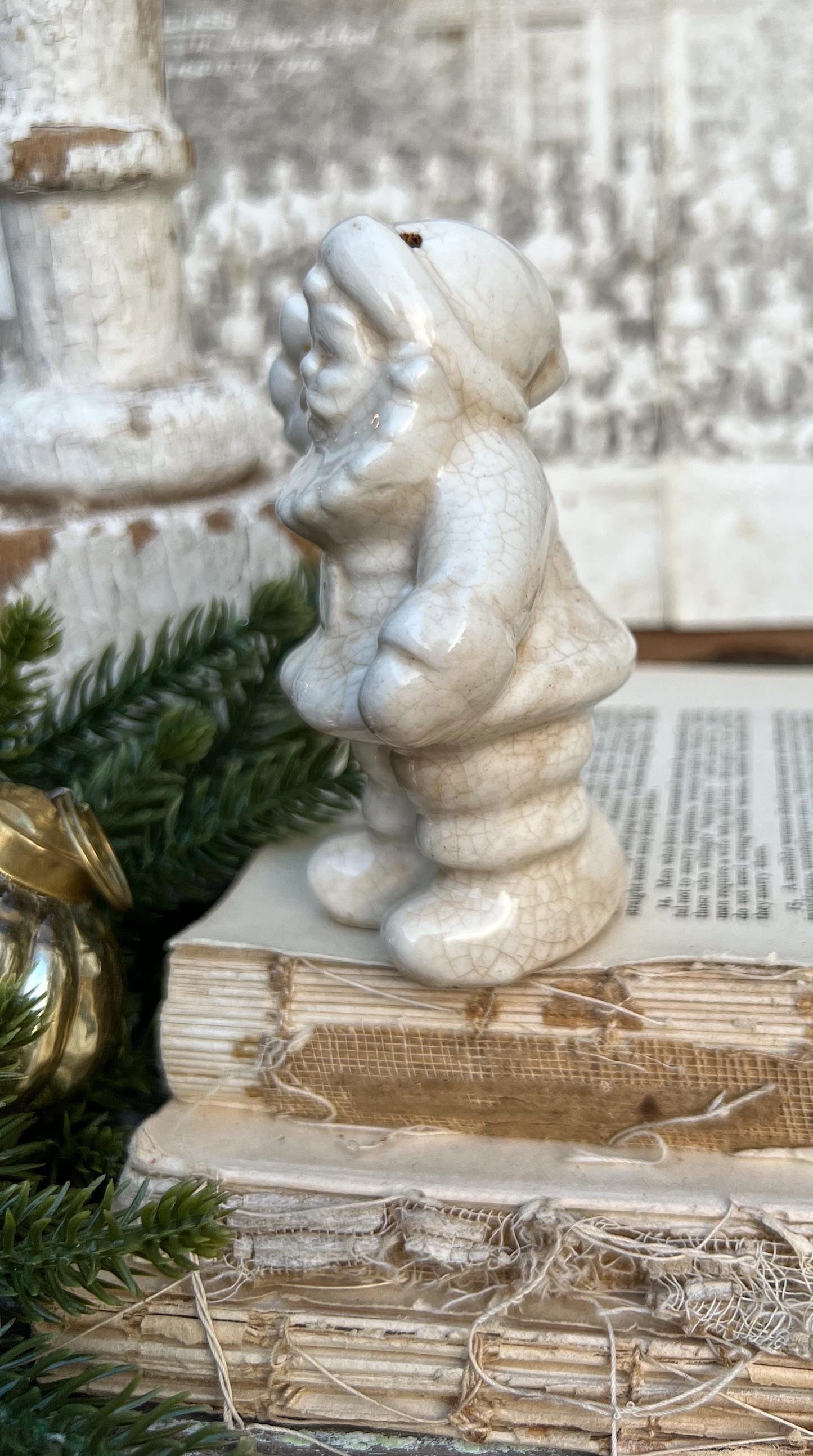 Vintage Ironstone Santa Claus Salt Shaker Creamy WHITE Farmhouse Christmas Decor Bell Stained Crazing