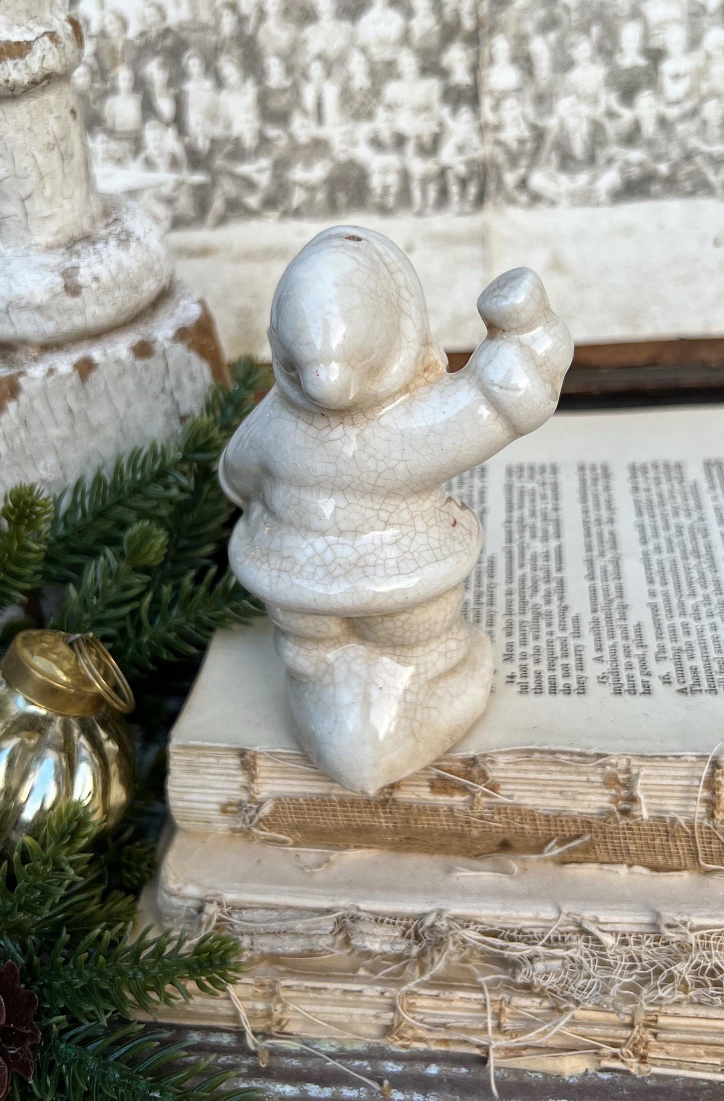 Vintage Ironstone Santa Claus Salt Shaker Creamy WHITE Farmhouse Christmas Decor Bell Stained Crazing