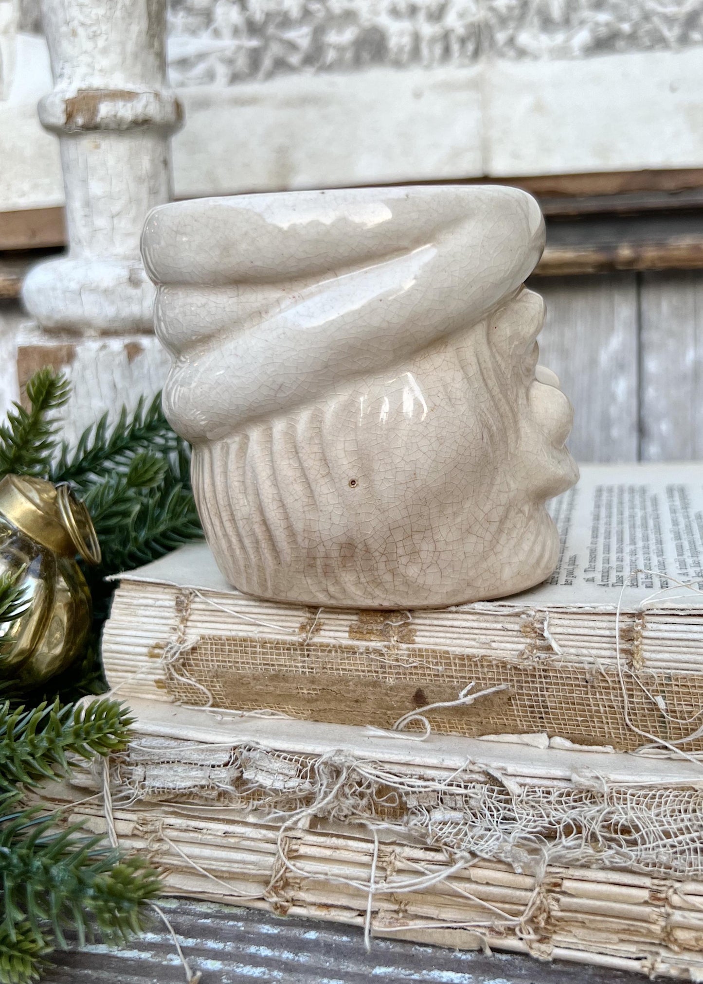 Vintage Ironstone Santa Claus Cup Mug FULL SIZE Creamy White Santa Farmhouse Christmas Decor RARE Japan Crazing Grungy Crazed