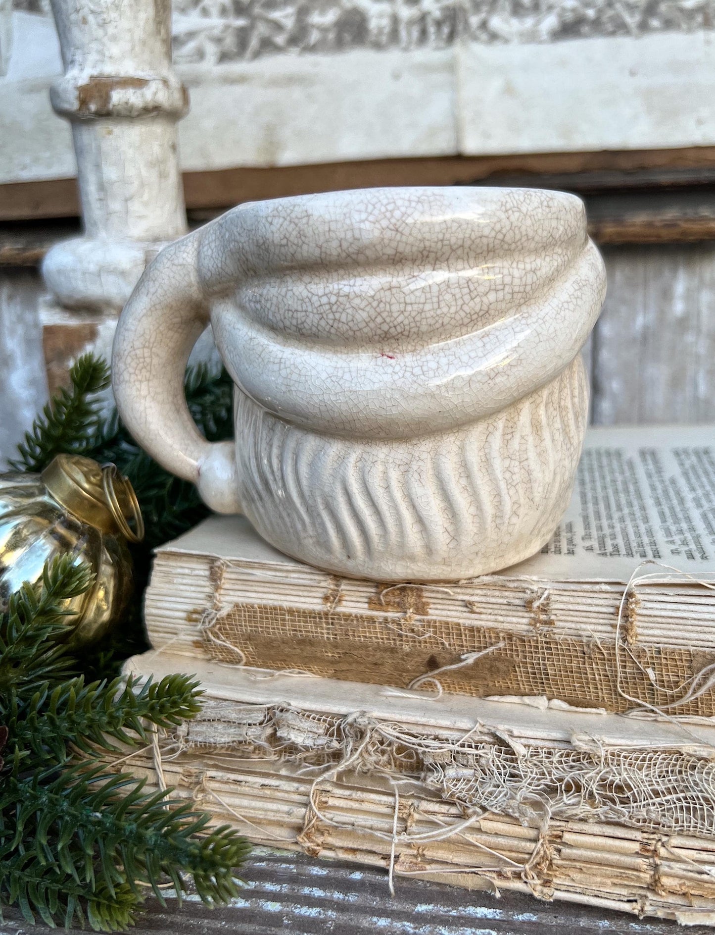 Vintage Ironstone Santa Claus Cup Mug FULL SIZE Creamy White Santa Farmhouse Christmas Decor RARE Japan Crazing Grungy Crazed