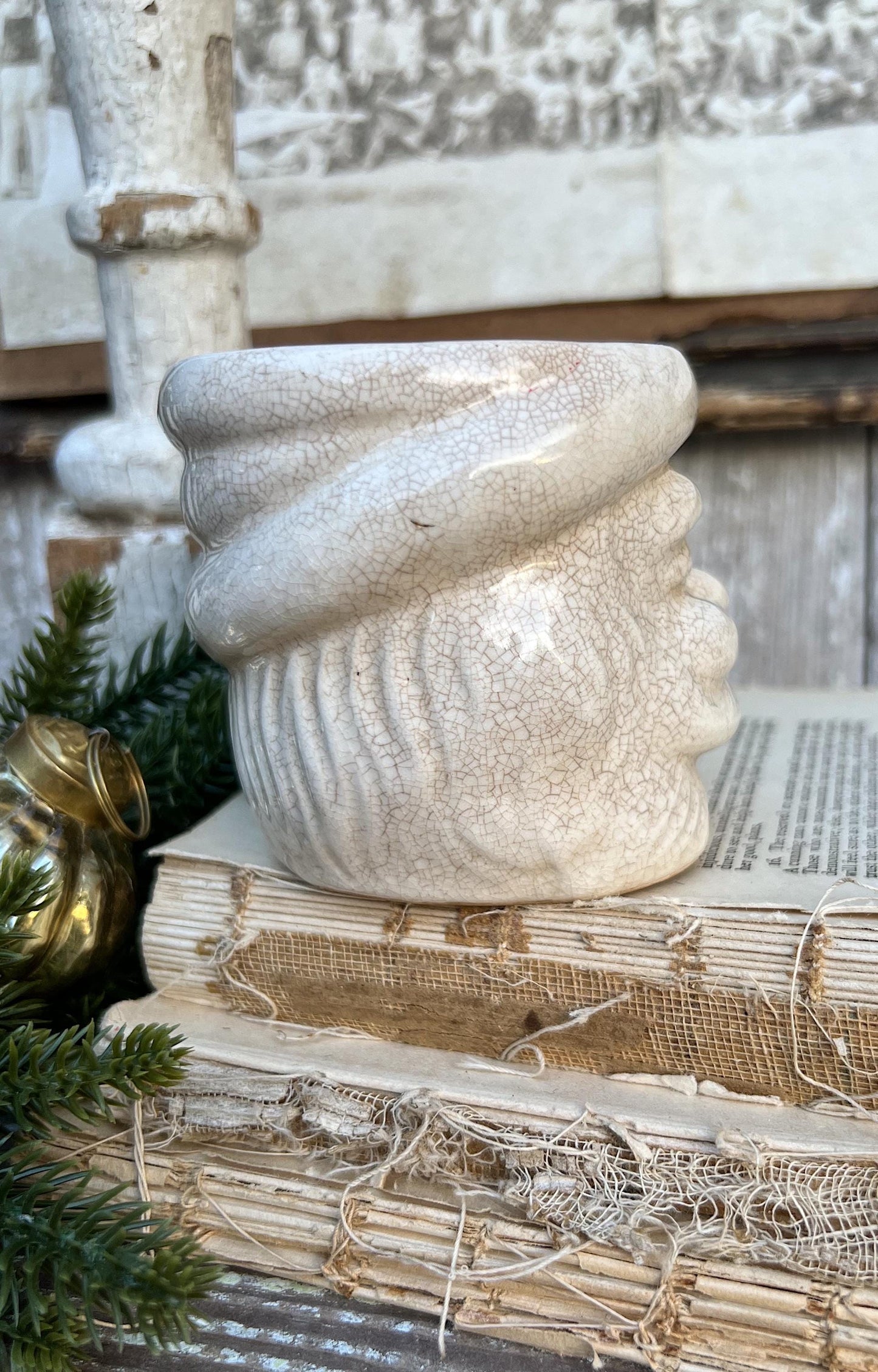 Vintage Ironstone Santa Claus Cup Mug FULL SIZE Creamy White Santa Farmhouse Christmas Decor RARE Japan Crazing Grungy Crazed