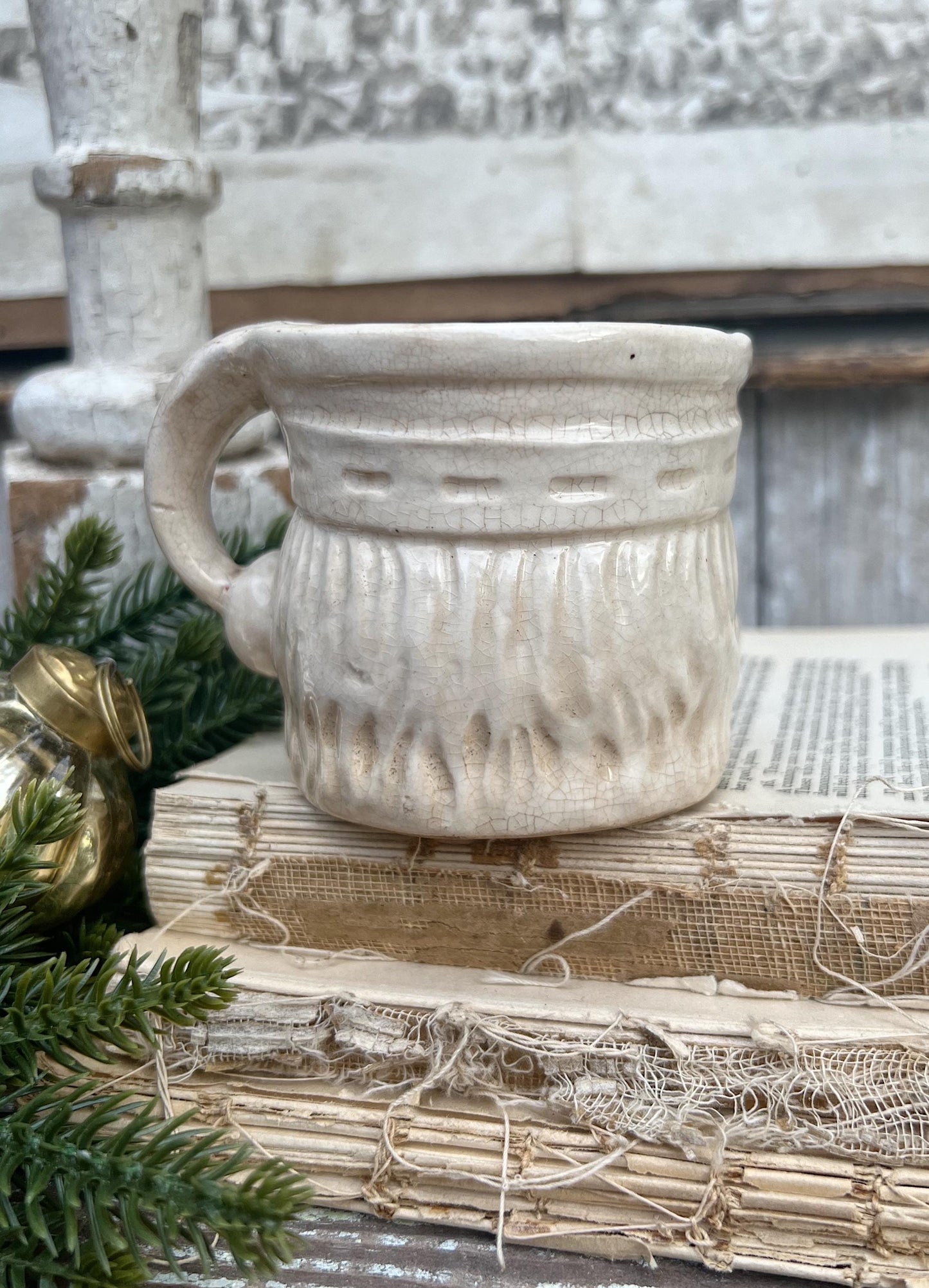 Vintage Ironstone Santa Claus Cup Mug FULL SIZE Creamy White Santa Farmhouse Christmas Decor RARE Japan Crazing Grungy Heavily Crazed