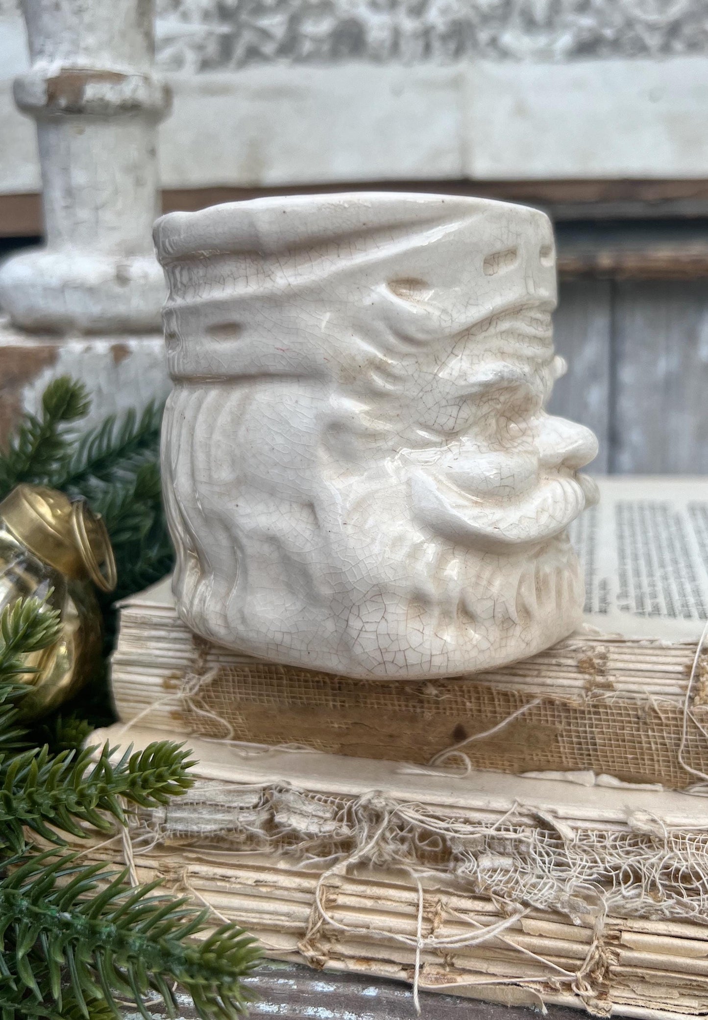 Vintage Ironstone Santa Claus Cup Mug FULL SIZE Creamy White Santa Farmhouse Christmas Decor RARE Japan Crazing Grungy Heavily Crazed