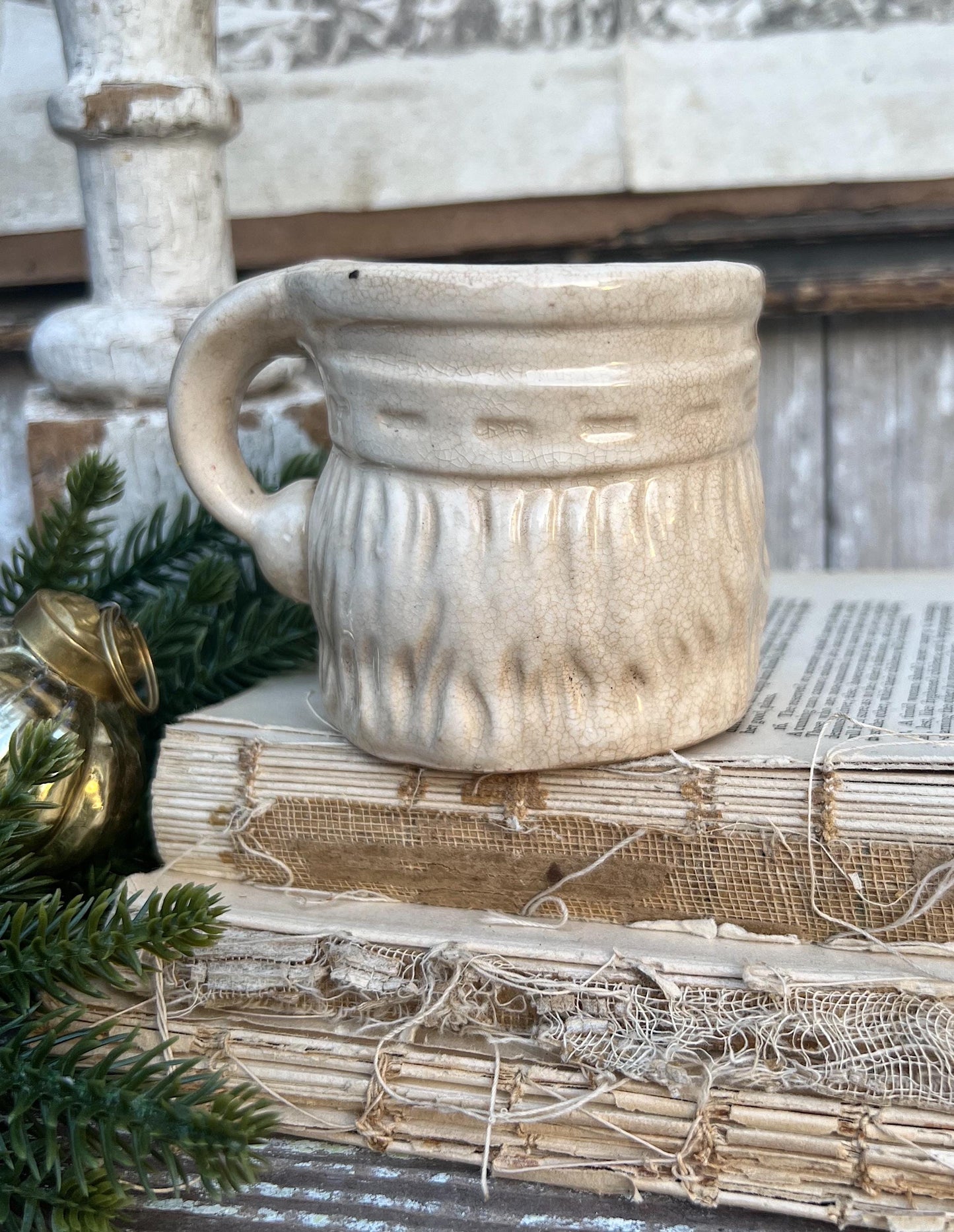 Vintage Ironstone Santa Claus Cup Mug FULL SIZE Creamy White Santa Farmhouse Christmas Decor RARE Japan Crazing Grungy Heavily Crazed