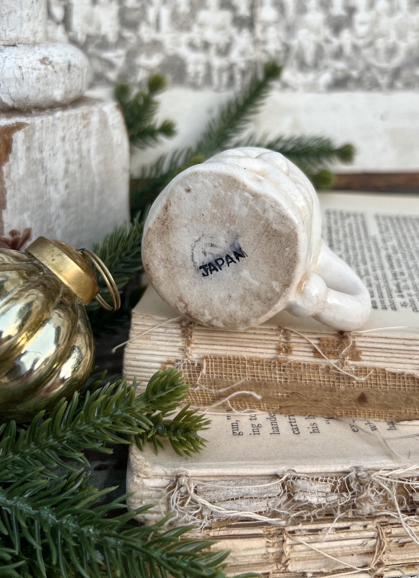 Vintage Ironstone Santa Claus Cup Mini Mug Santa Crazed Stained CREAMY WHITE Farmhouse Christmas Decor