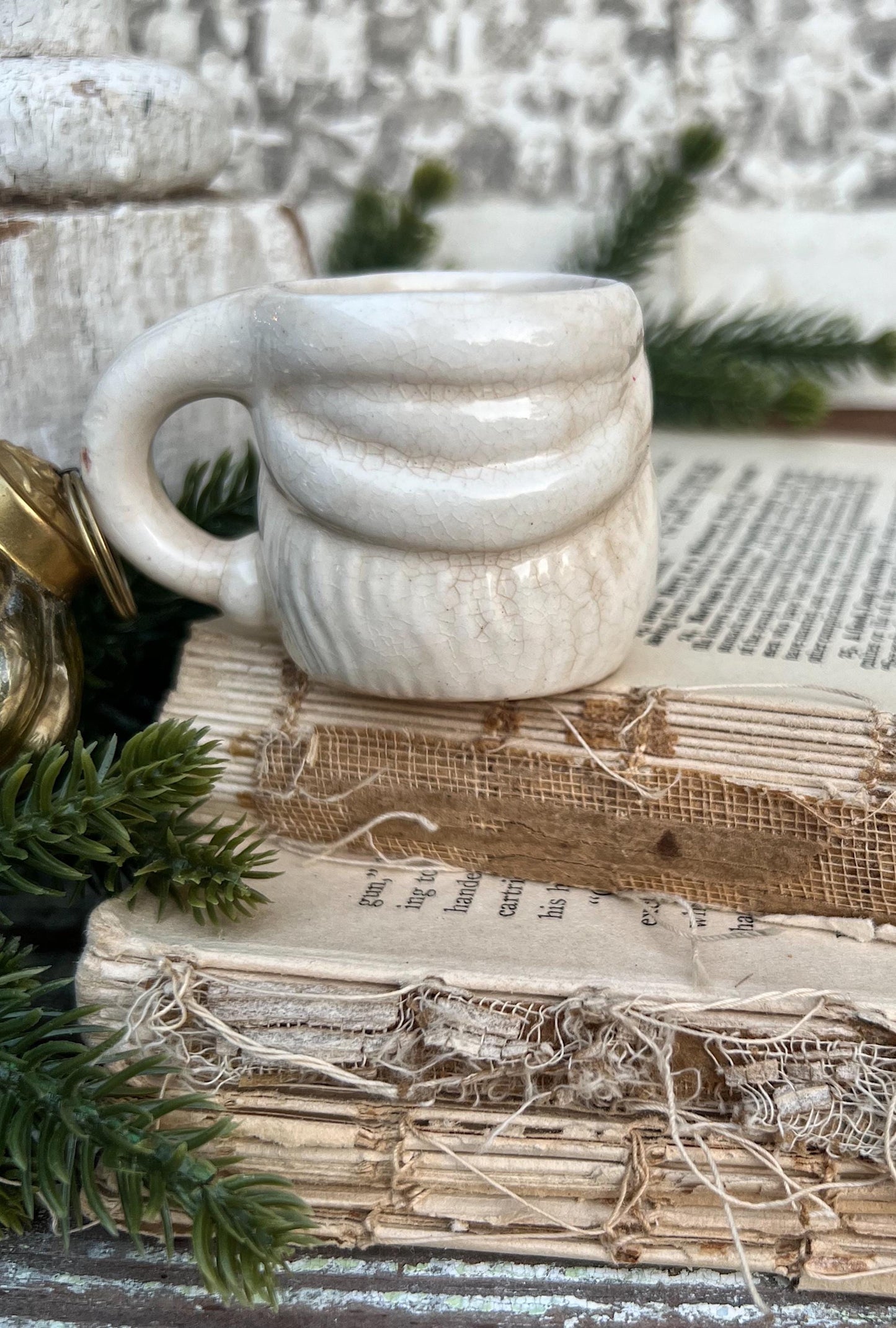 Vintage Ironstone Santa Claus Cup Mini Mug Santa Crazed Stained CREAMY WHITE Farmhouse Christmas Decor