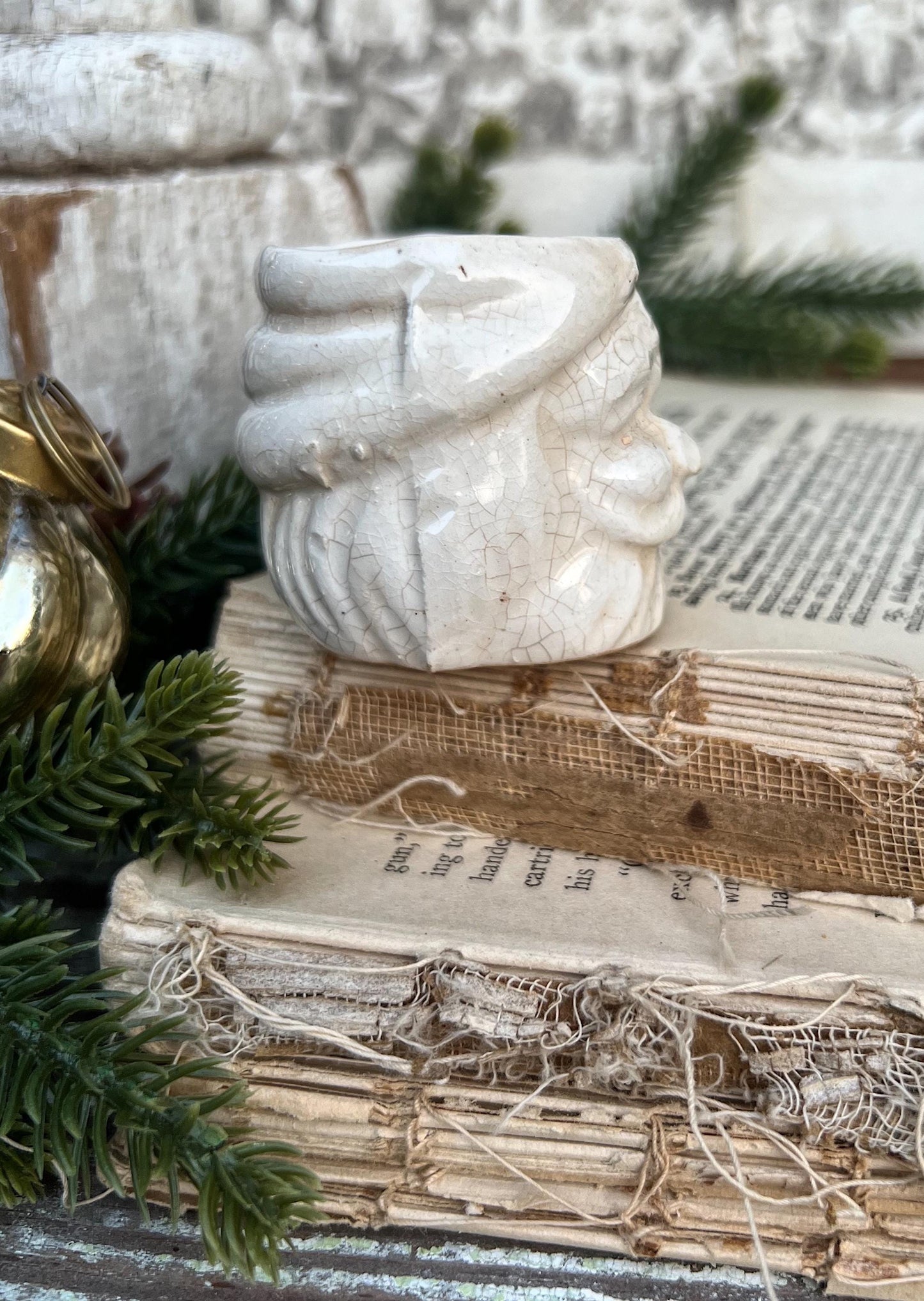 Vintage Ironstone Santa Claus Cup Mini Mug Santa Crazed Stained CREAMY WHITE Farmhouse Christmas Decor