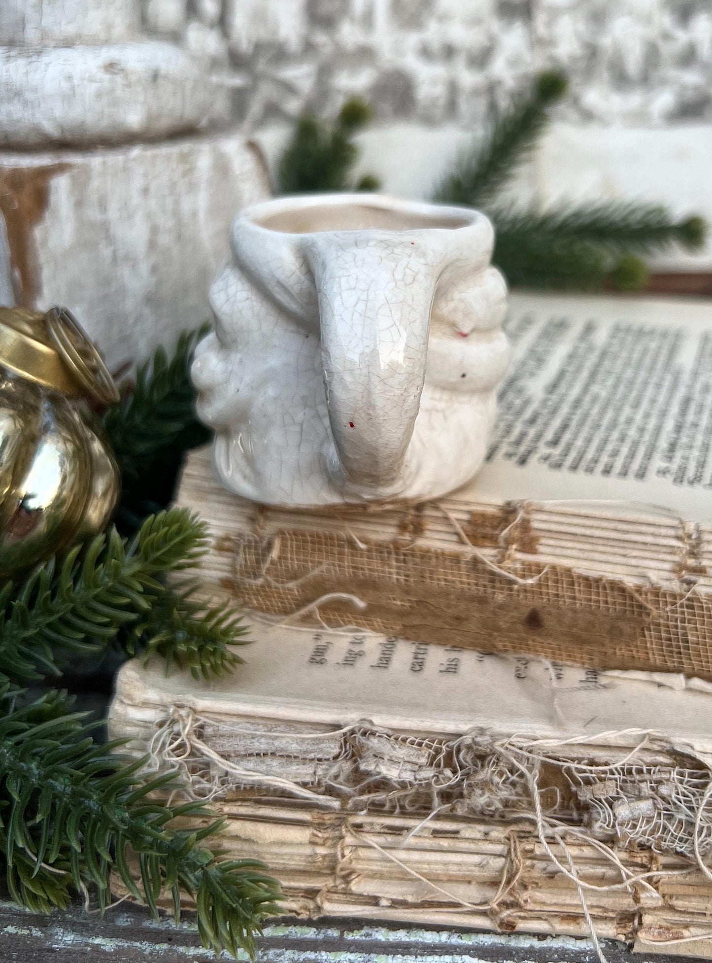 Vintage Ironstone Santa Claus Cup Mini Mug Santa Crazed Stained CREAMY WHITE Farmhouse Christmas Decor