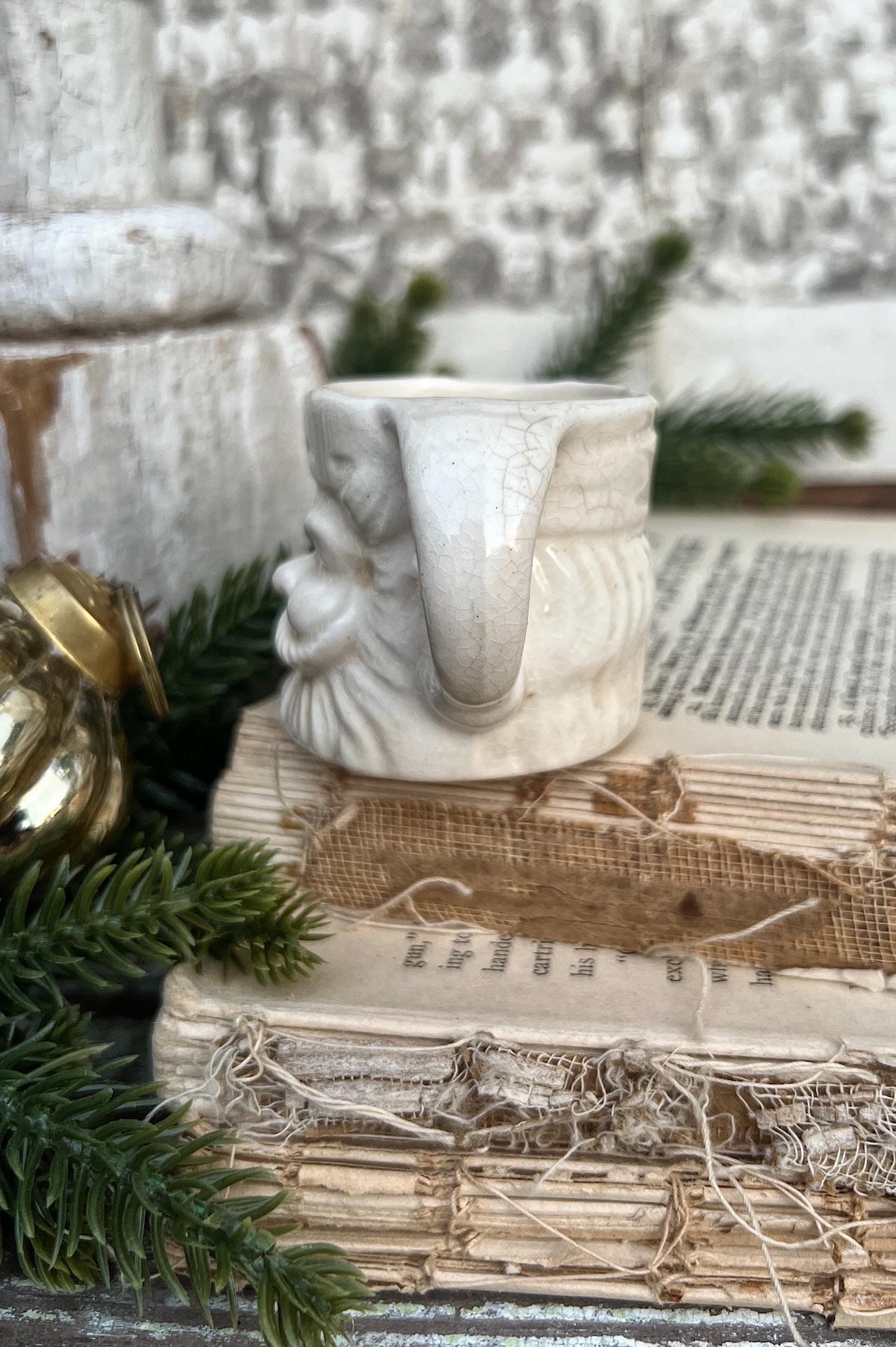 Vintage Ironstone Santa Claus Cup Mini Mug Santa Crazed Stained WHITE Farmhouse Christmas Decor JAPAN