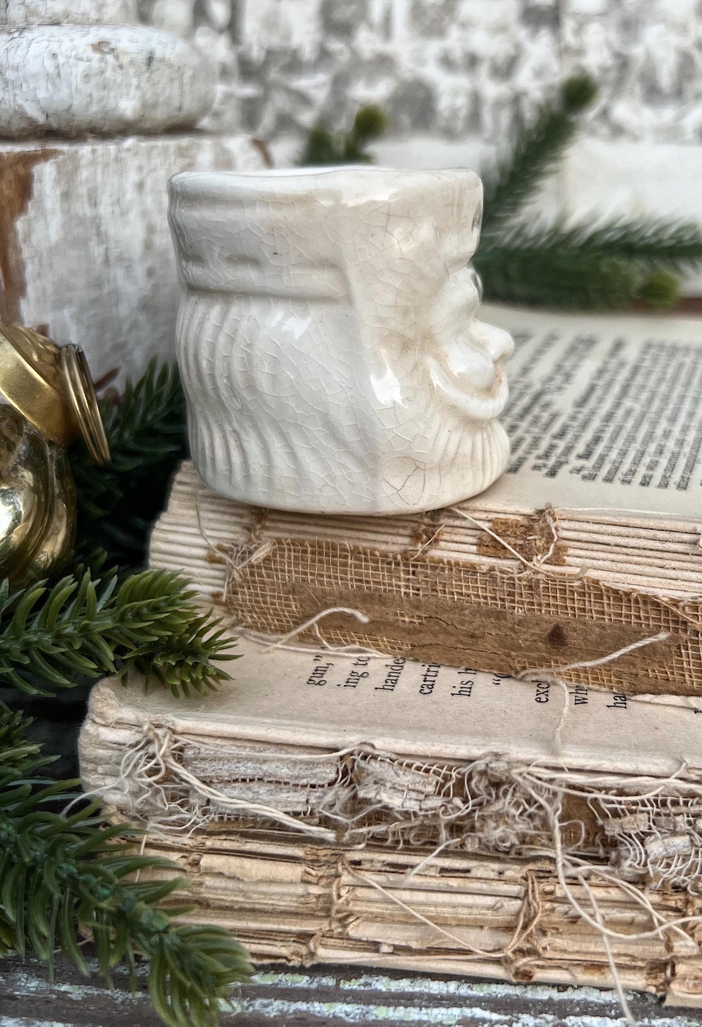 Vintage Ironstone Santa Claus Cup Mini Mug Santa Crazed Stained WHITE Farmhouse Christmas Decor JAPAN